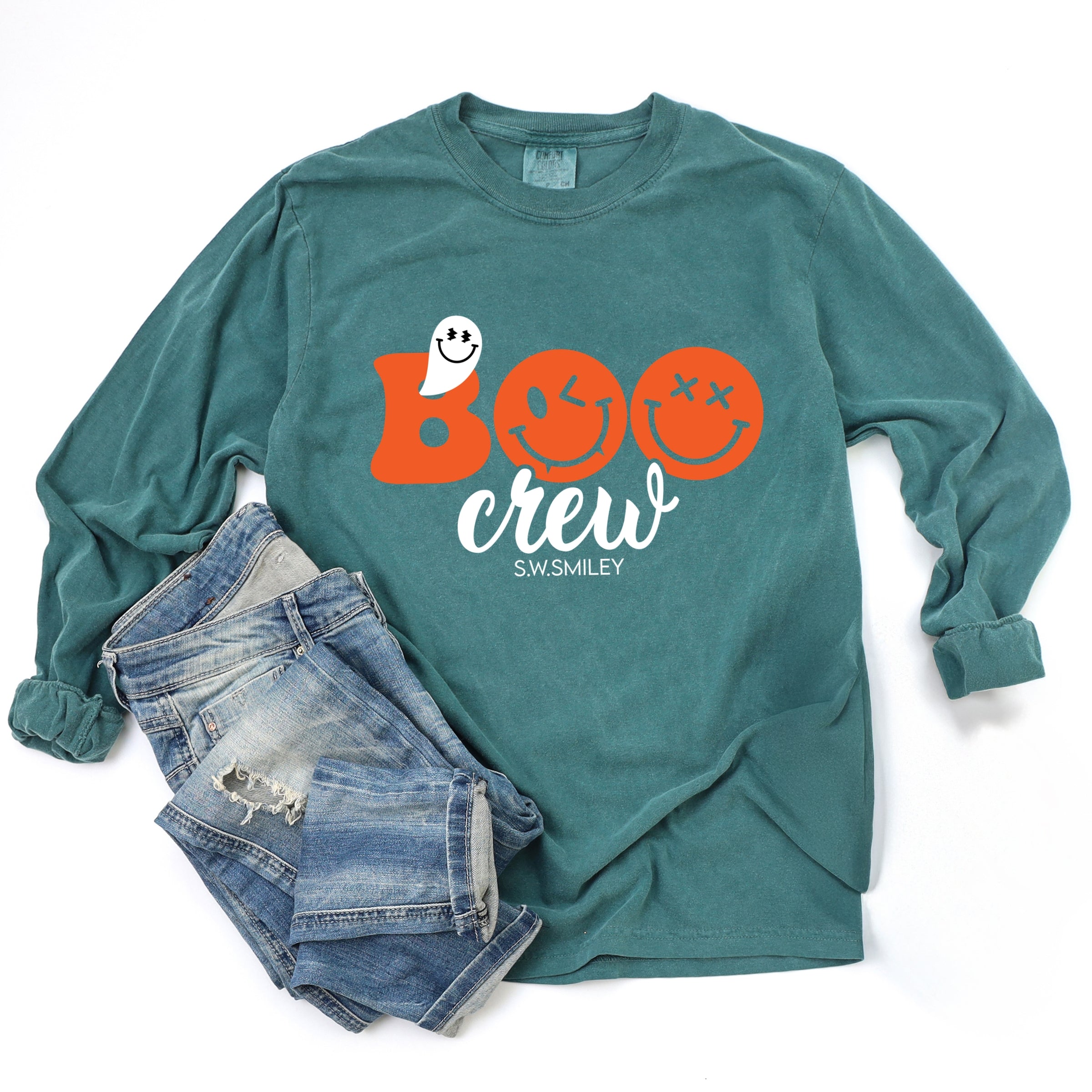 S.W.Smiley Boo Crew - Women's Garment Dyed Long Sleeve Graphic T-Shirt