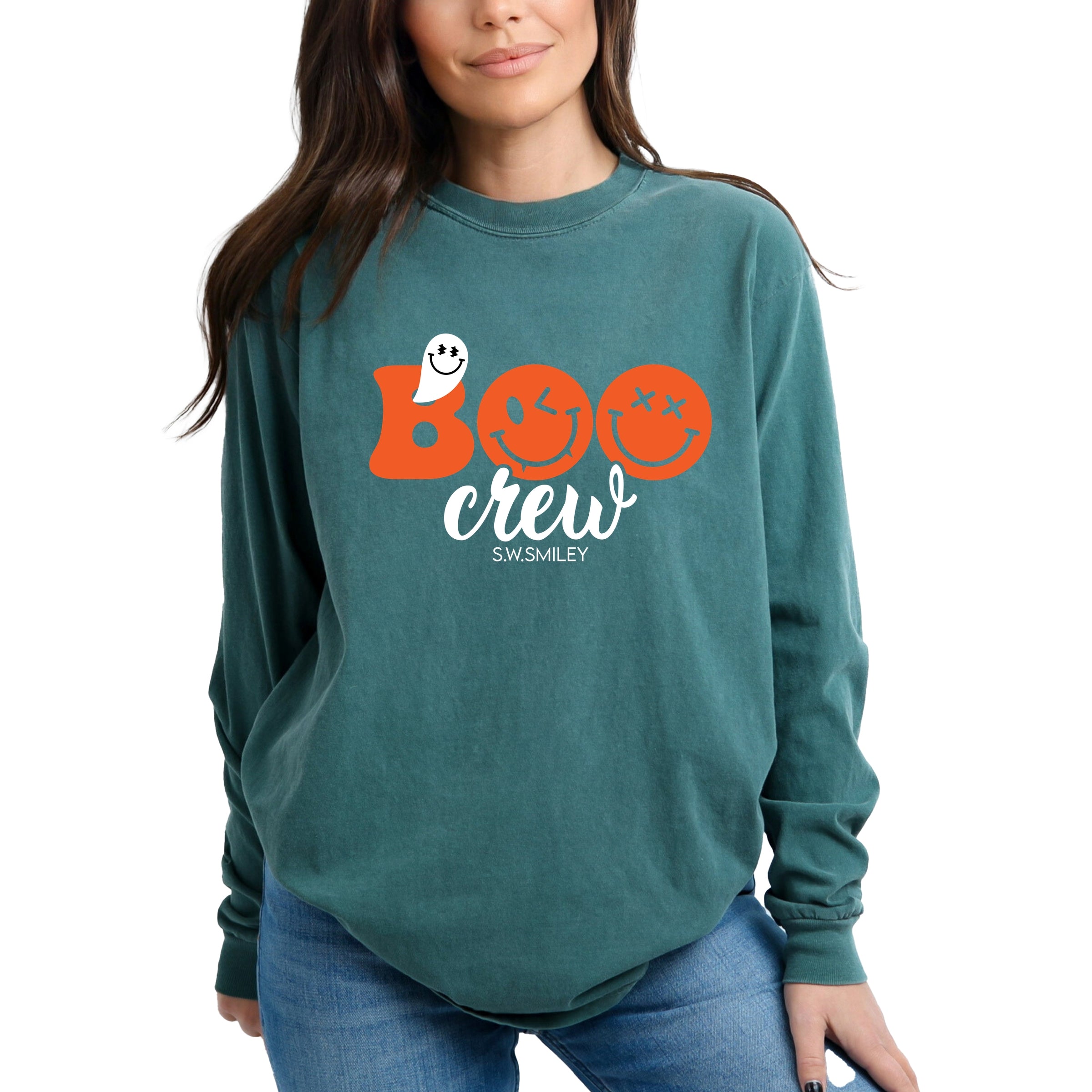 S.W.Smiley Boo Crew - Women's Garment Dyed Long Sleeve Graphic T-Shirt
