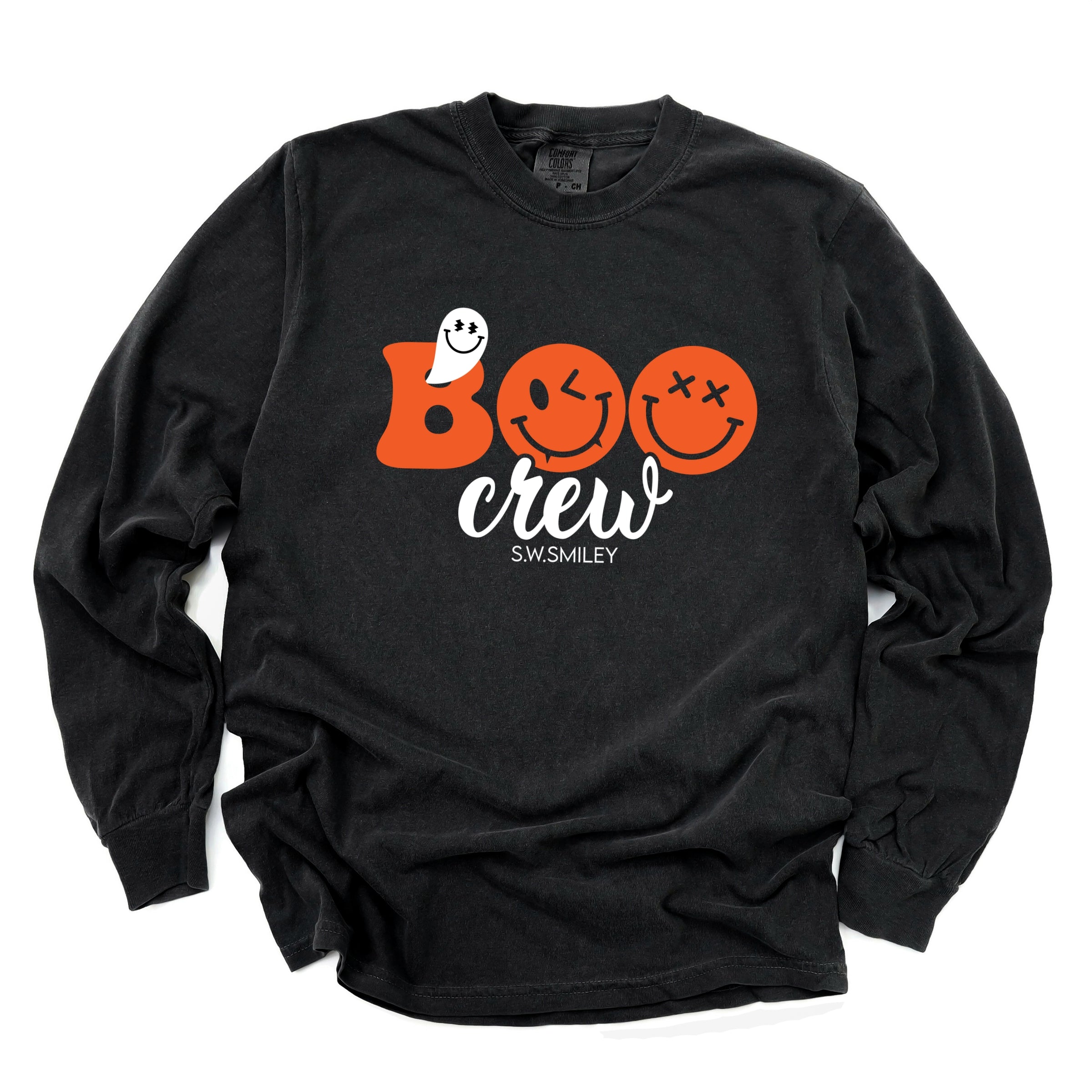 S.W.Smiley Boo Crew - Women's Garment Dyed Long Sleeve Graphic T-Shirt