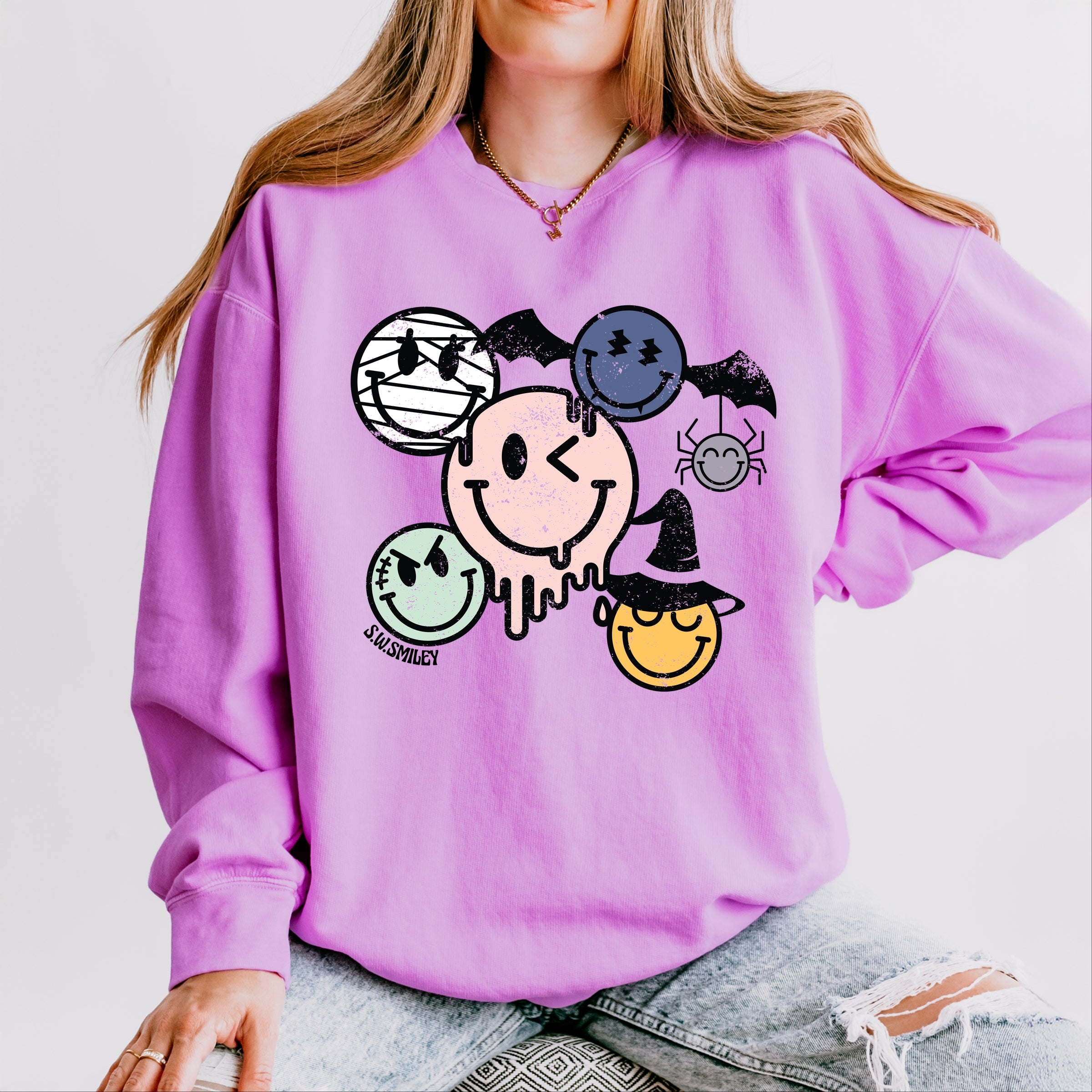 S.W.Smiley Halloween Smileys - Women's Lightweight Garment Dyed Sweatshirt