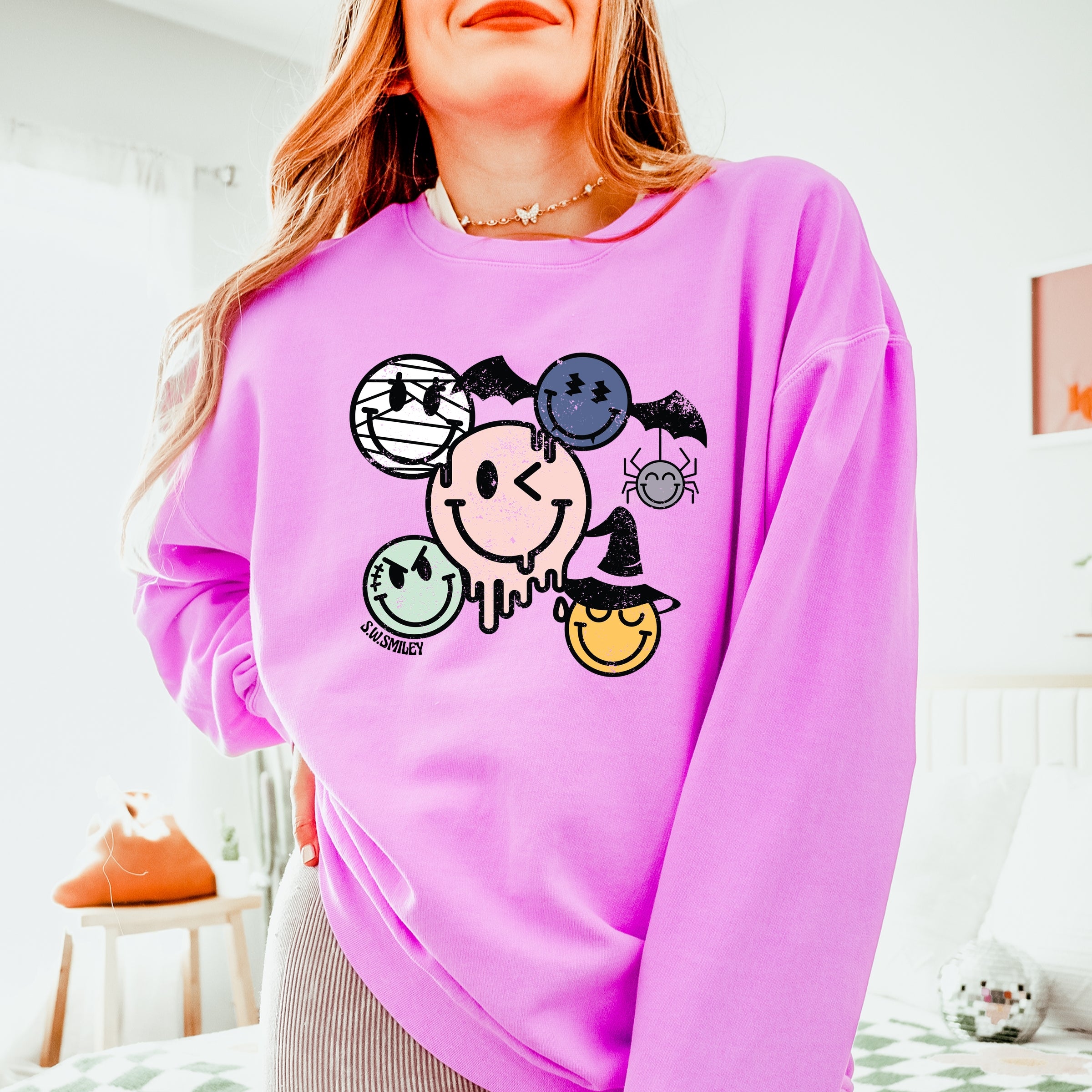 S.W.Smiley Halloween Smileys - Women's Lightweight Garment Dyed Sweatshirt