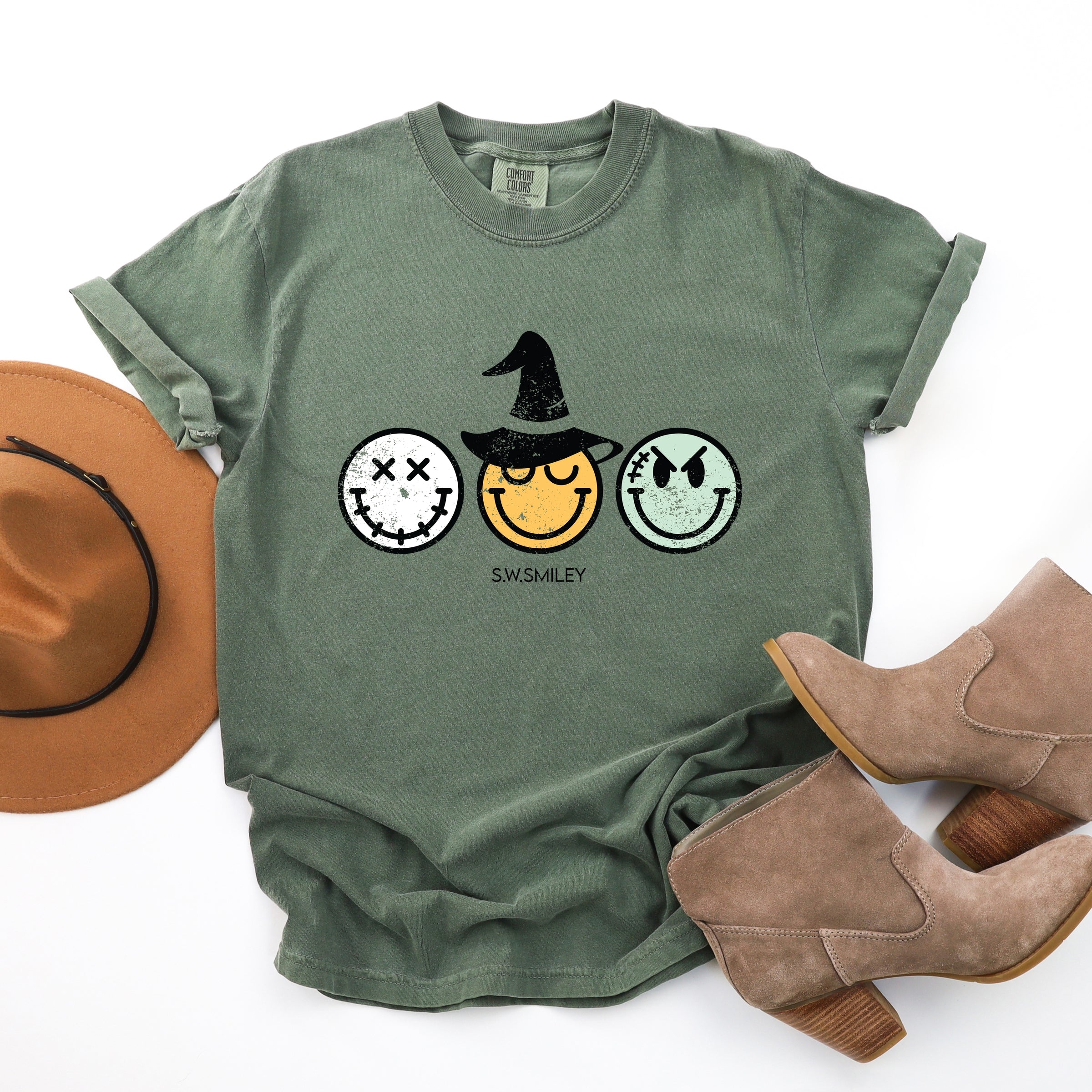 S.W.Smiley Skeleton Witchy Monster - Women's Garment Dyed Graphic T-Shirt