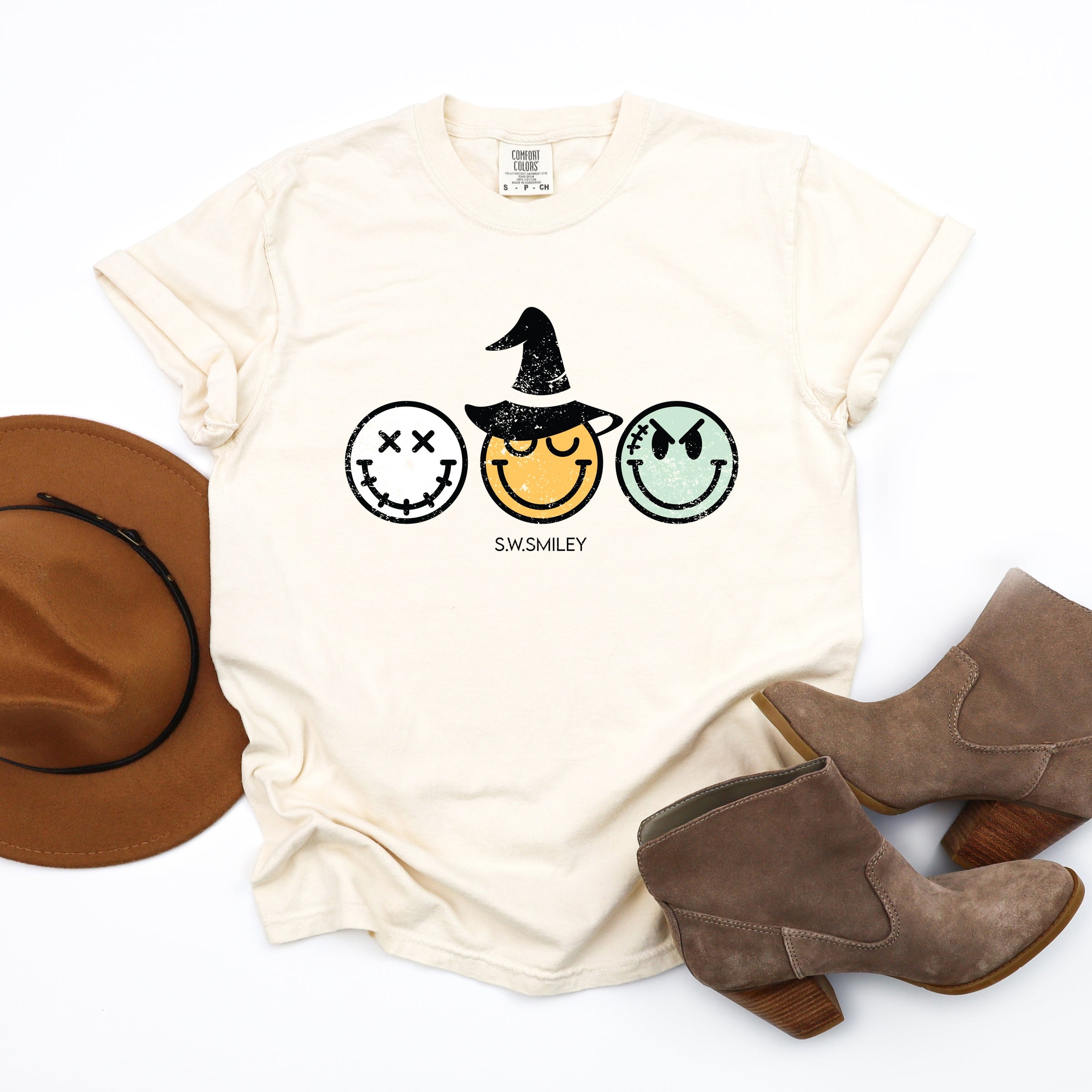 S.W.Smiley Skeleton Witchy Monster - Women's Garment Dyed Graphic T-Shirt