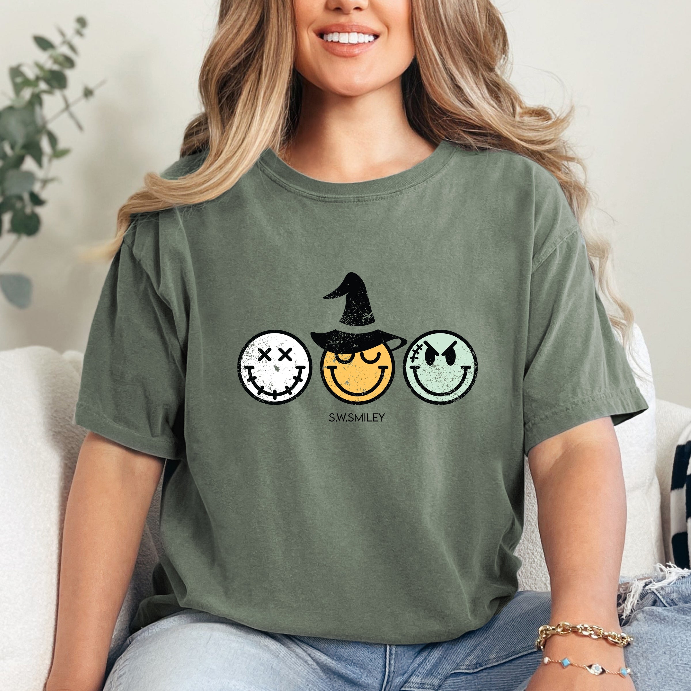 S.W.Smiley Skeleton Witchy Monster - Women's Garment Dyed Graphic T-Shirt