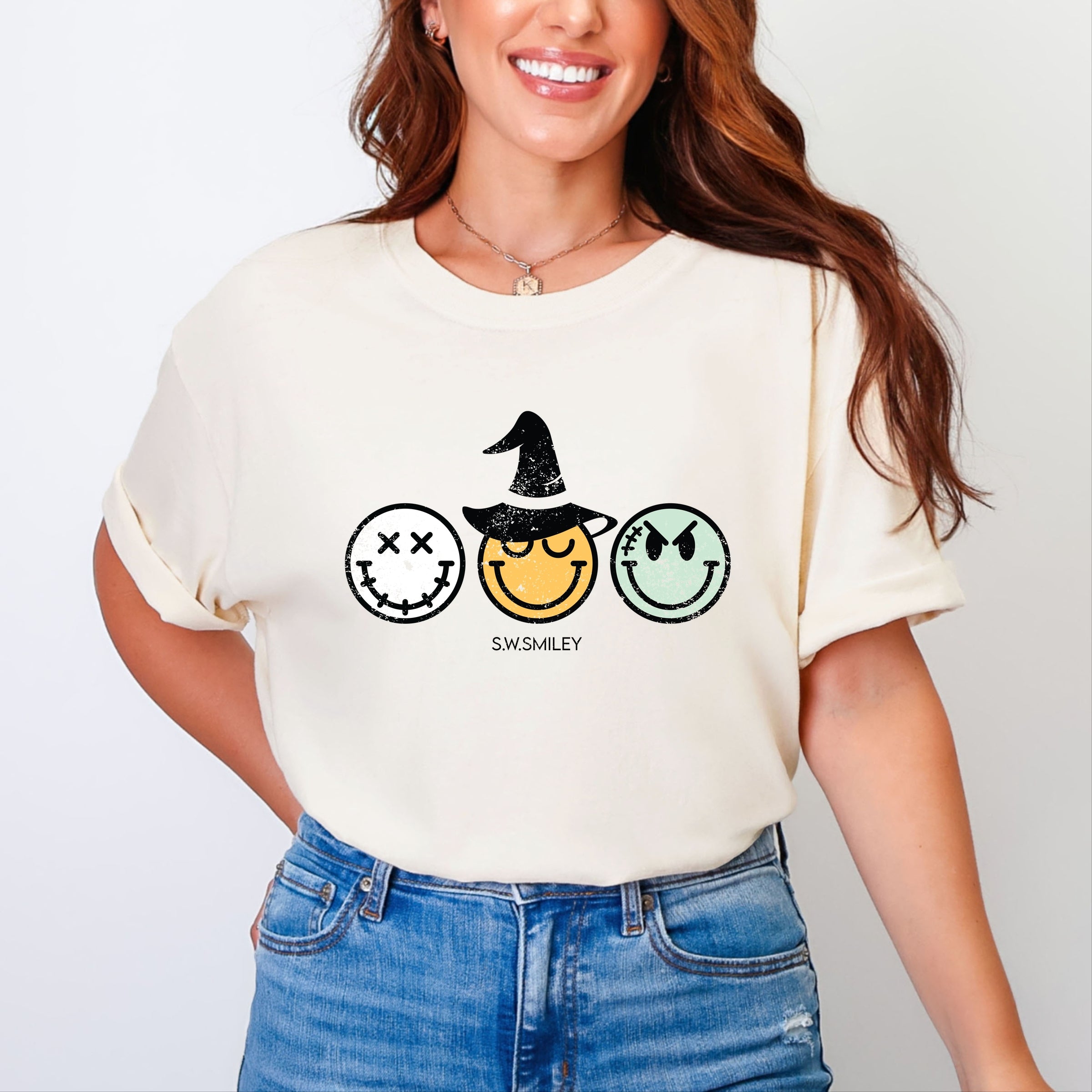 S.W.Smiley Skeleton Witchy Monster - Women's Garment Dyed Graphic T-Shirt