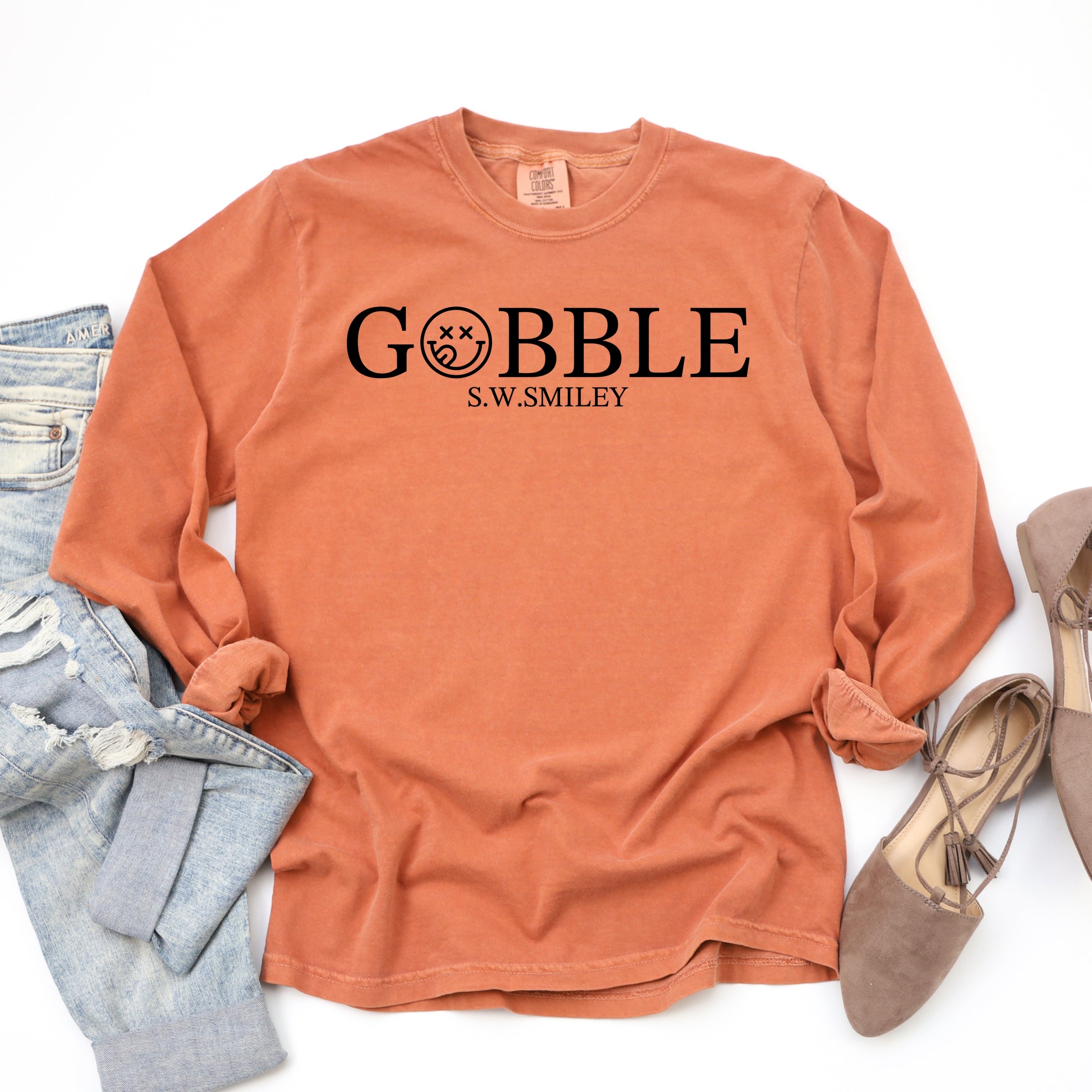 S.W.Smiley Gobble Typewriter - Women's Garment Dyed Long Sleeve Graphic T-Shirt