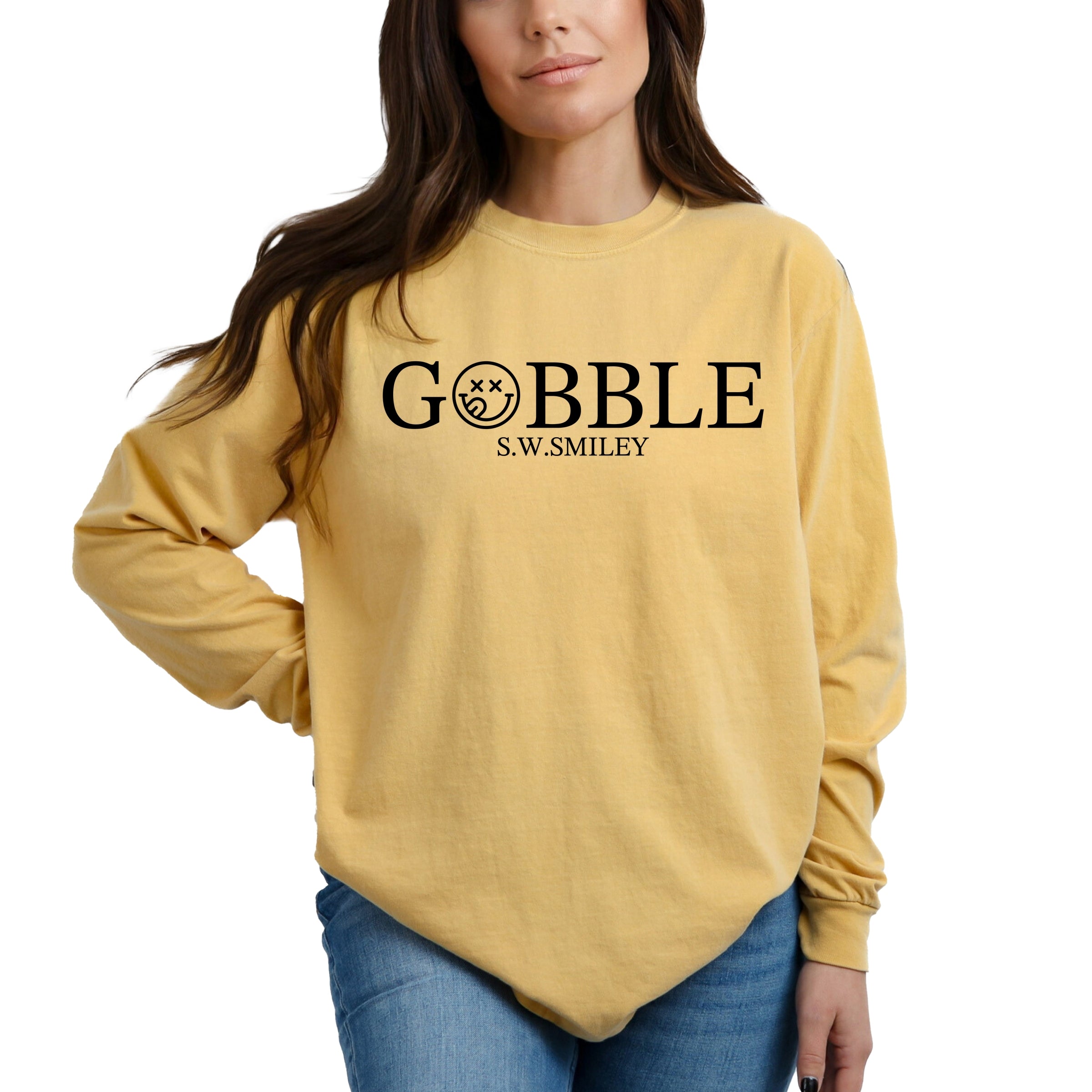 S.W.Smiley Gobble Typewriter - Women's Garment Dyed Long Sleeve Graphic T-Shirt