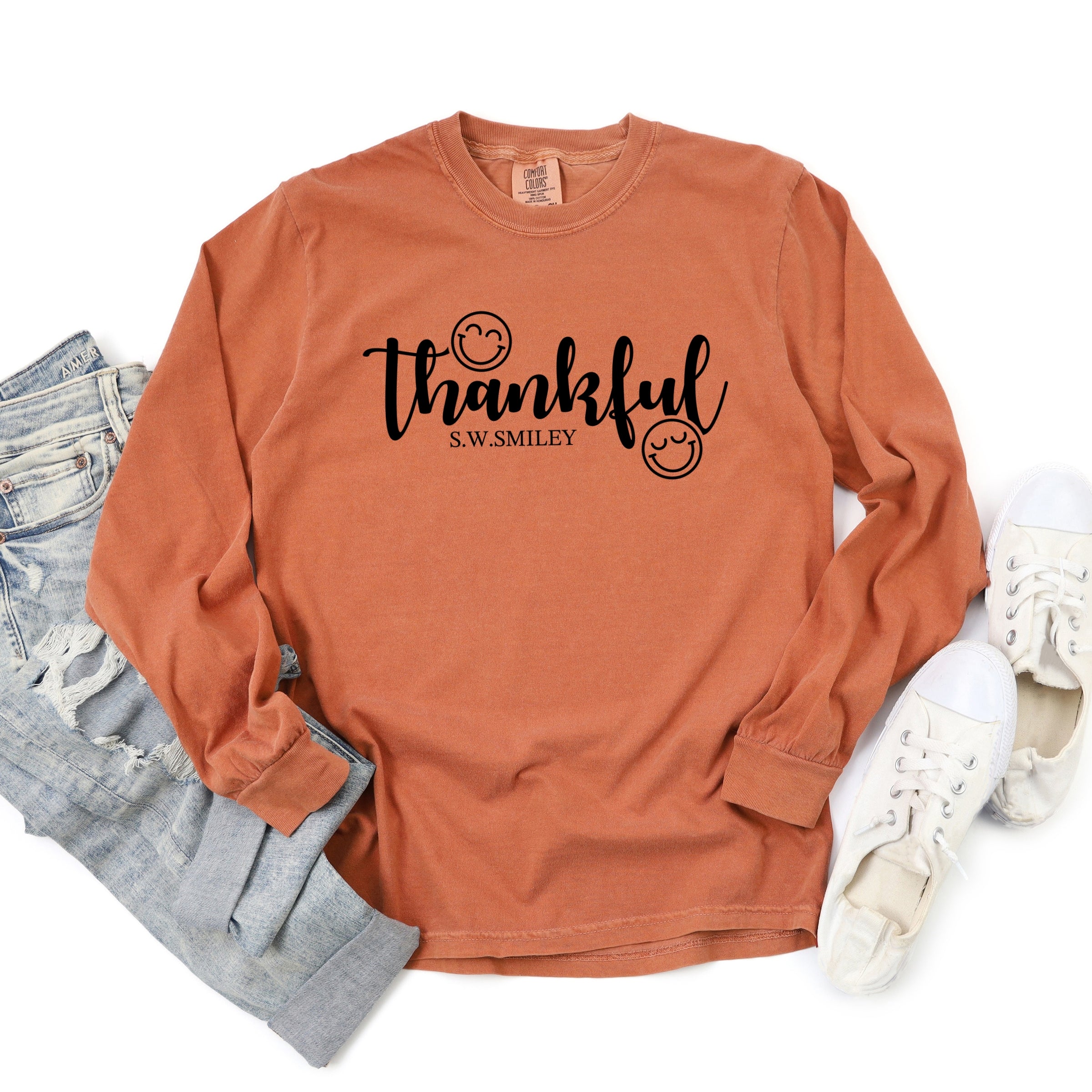 S.W.Smiley Thankful Cursive - Women's Garment Dyed Long Sleeve Graphic T-Shirt