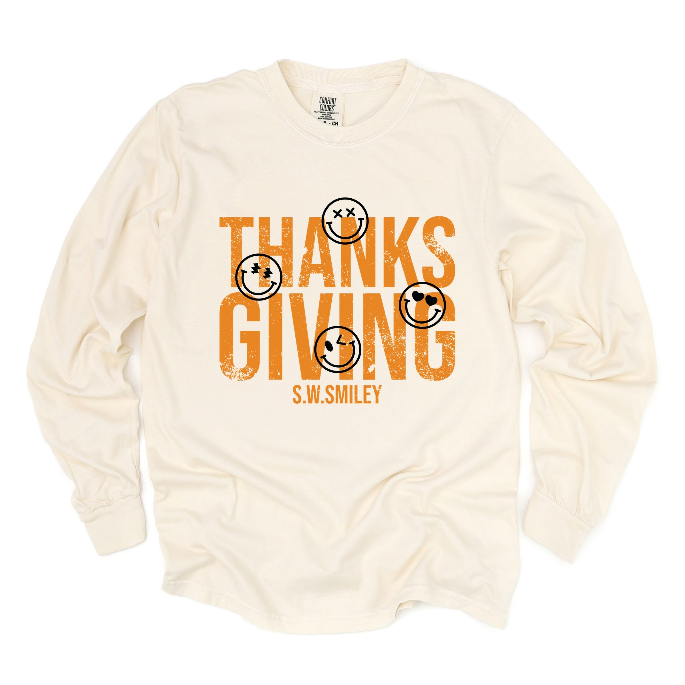 S.W.Smiley Thanksgiving Distressed - Women's Garment Dyed Long Sleeve Graphic T-Shirt