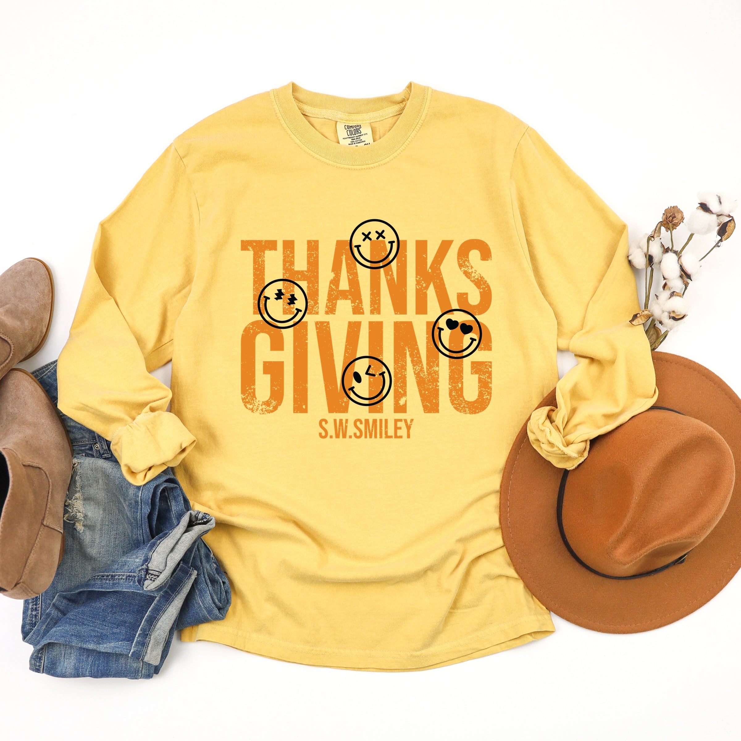 S.W.Smiley Thanksgiving Distressed - Women's Garment Dyed Long Sleeve Graphic T-Shirt