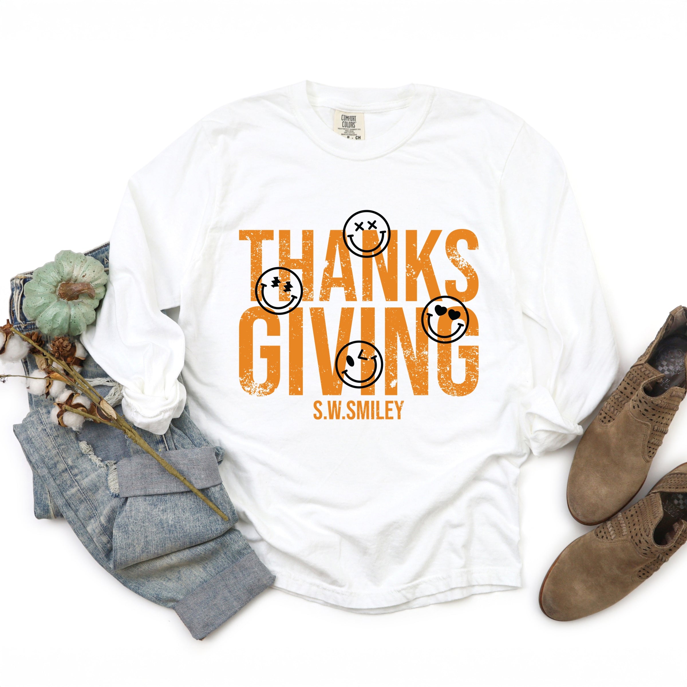 S.W.Smiley Thanksgiving Distressed - Women's Garment Dyed Long Sleeve Graphic T-Shirt
