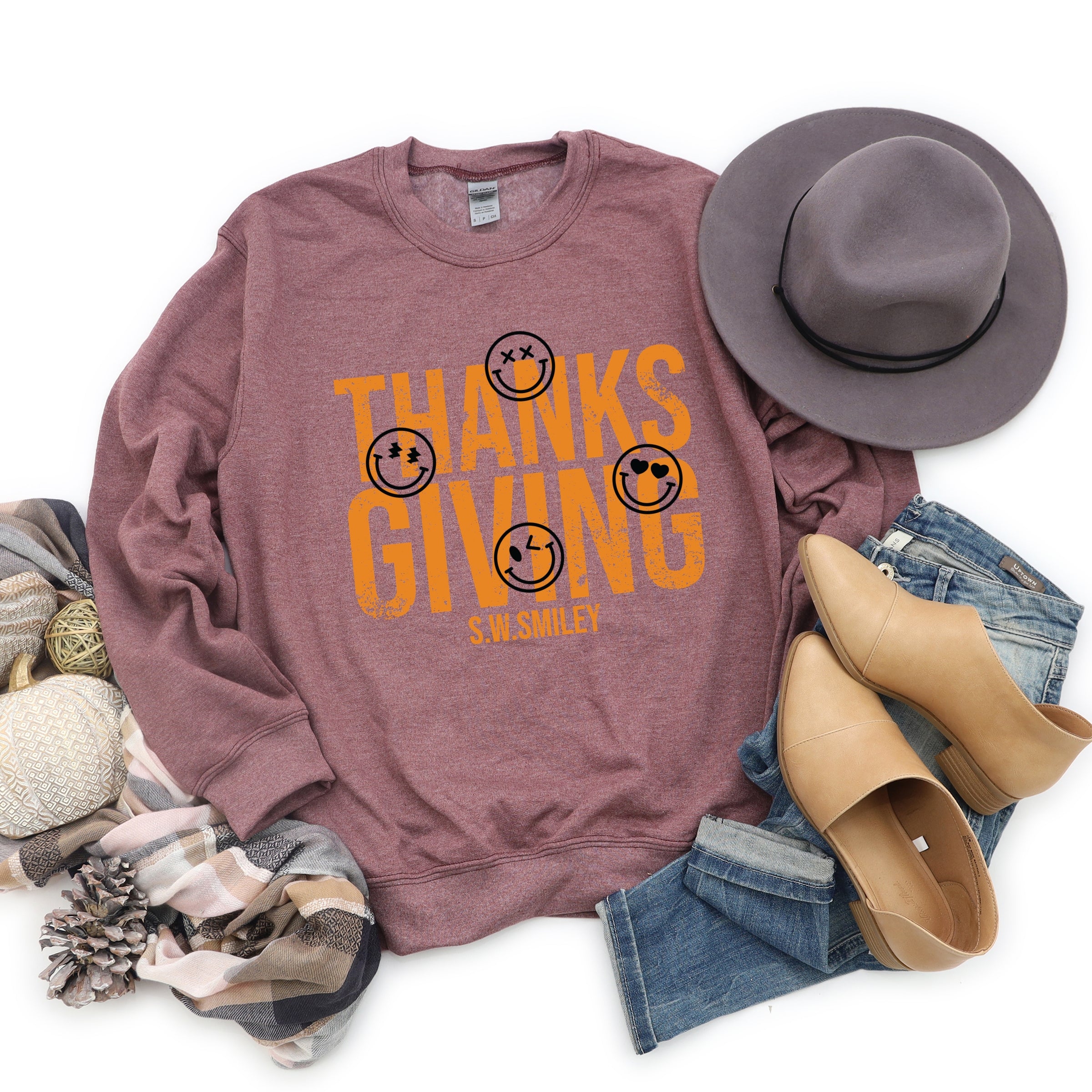 S.W.Smiley Thanksgiving Distressed - Women's Graphic Sweatshirt