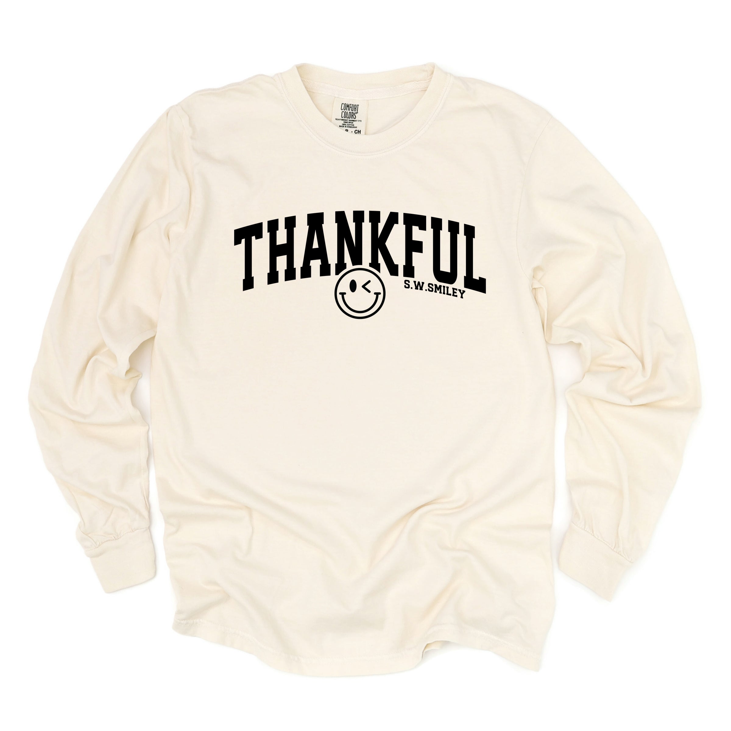 S.W.Smiley Thankful Varsity Arched - Women's Garment Dyed Long Sleeve Graphic T-Shirt