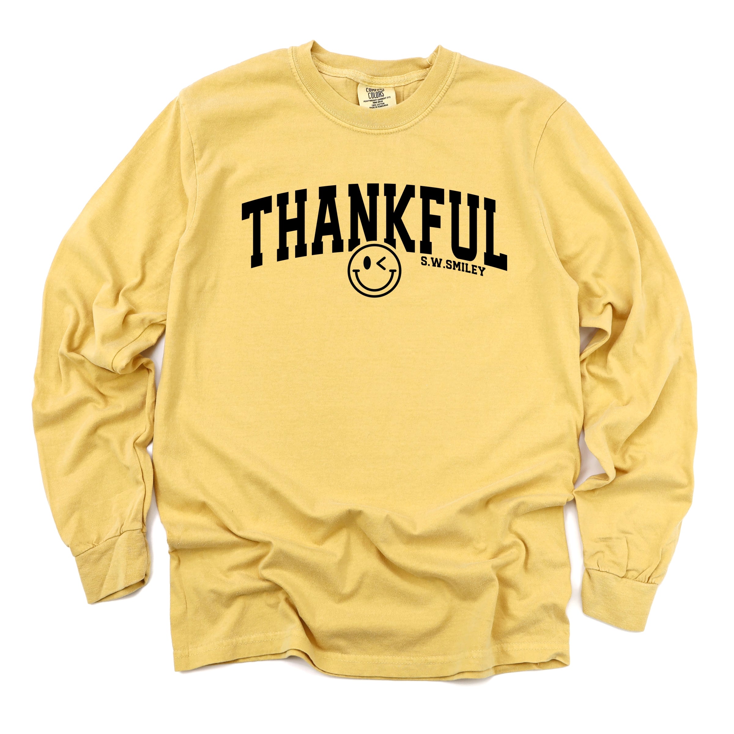 S.W.Smiley Thankful Varsity Arched - Women's Garment Dyed Long Sleeve Graphic T-Shirt