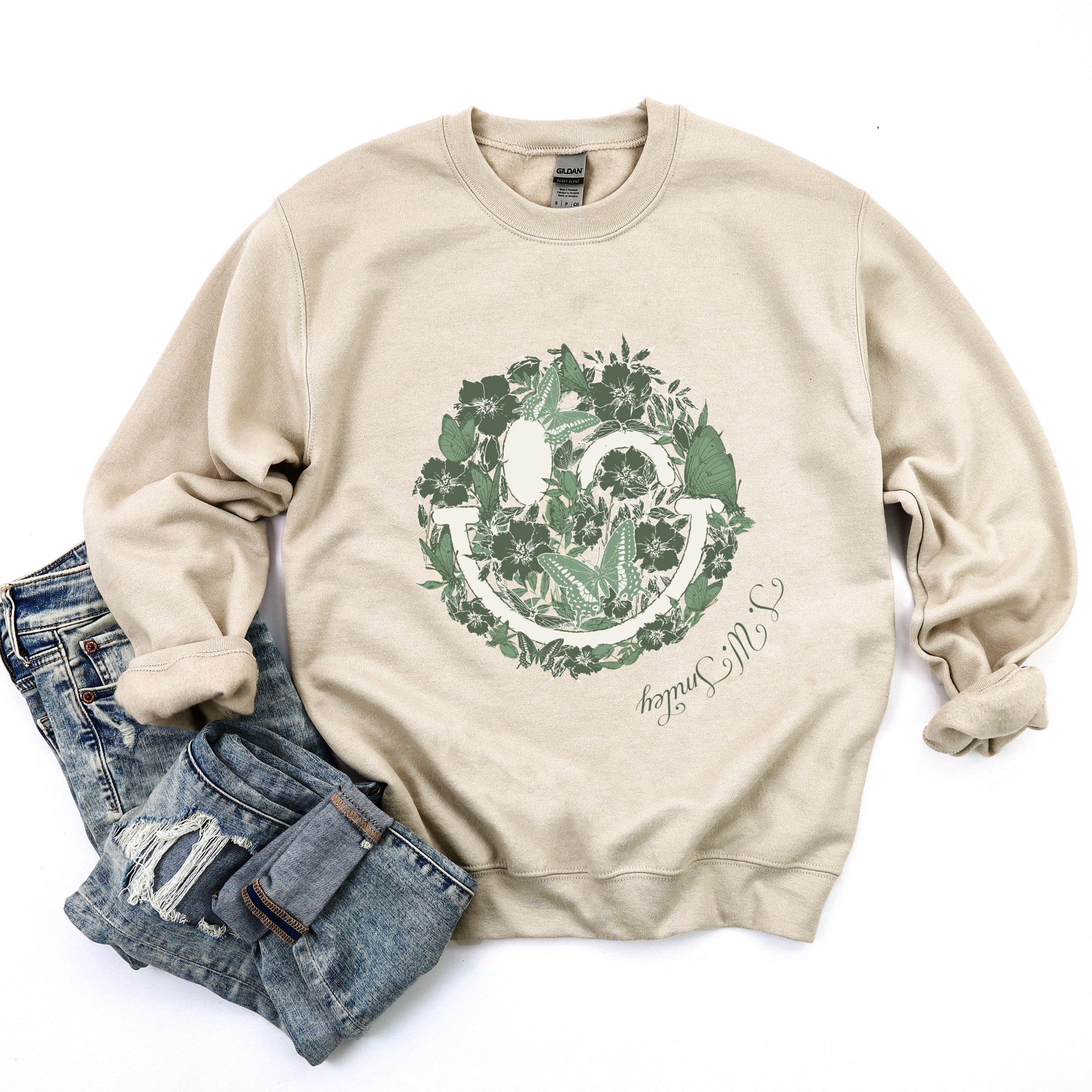 S.W.Smiley Green Floral Butterflies - Women's Graphic Sweatshirt