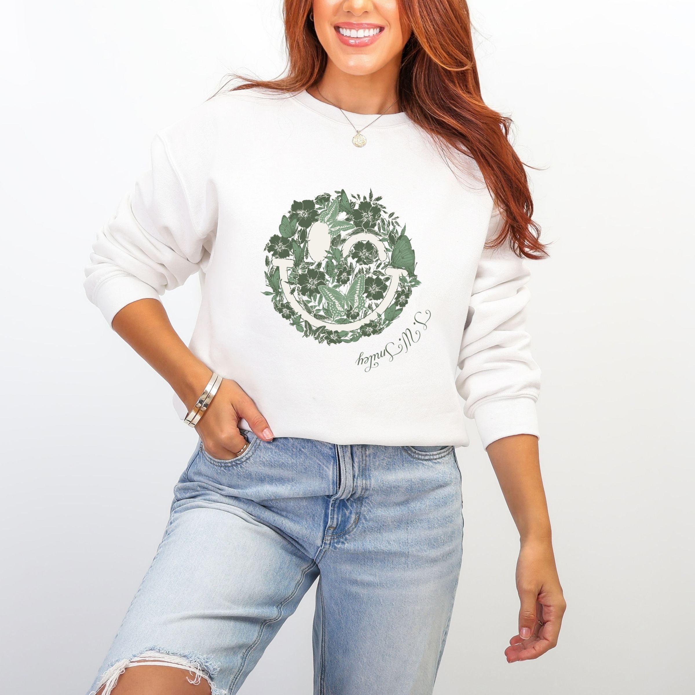 S.W.Smiley Green Floral Butterflies - Women's Graphic Sweatshirt