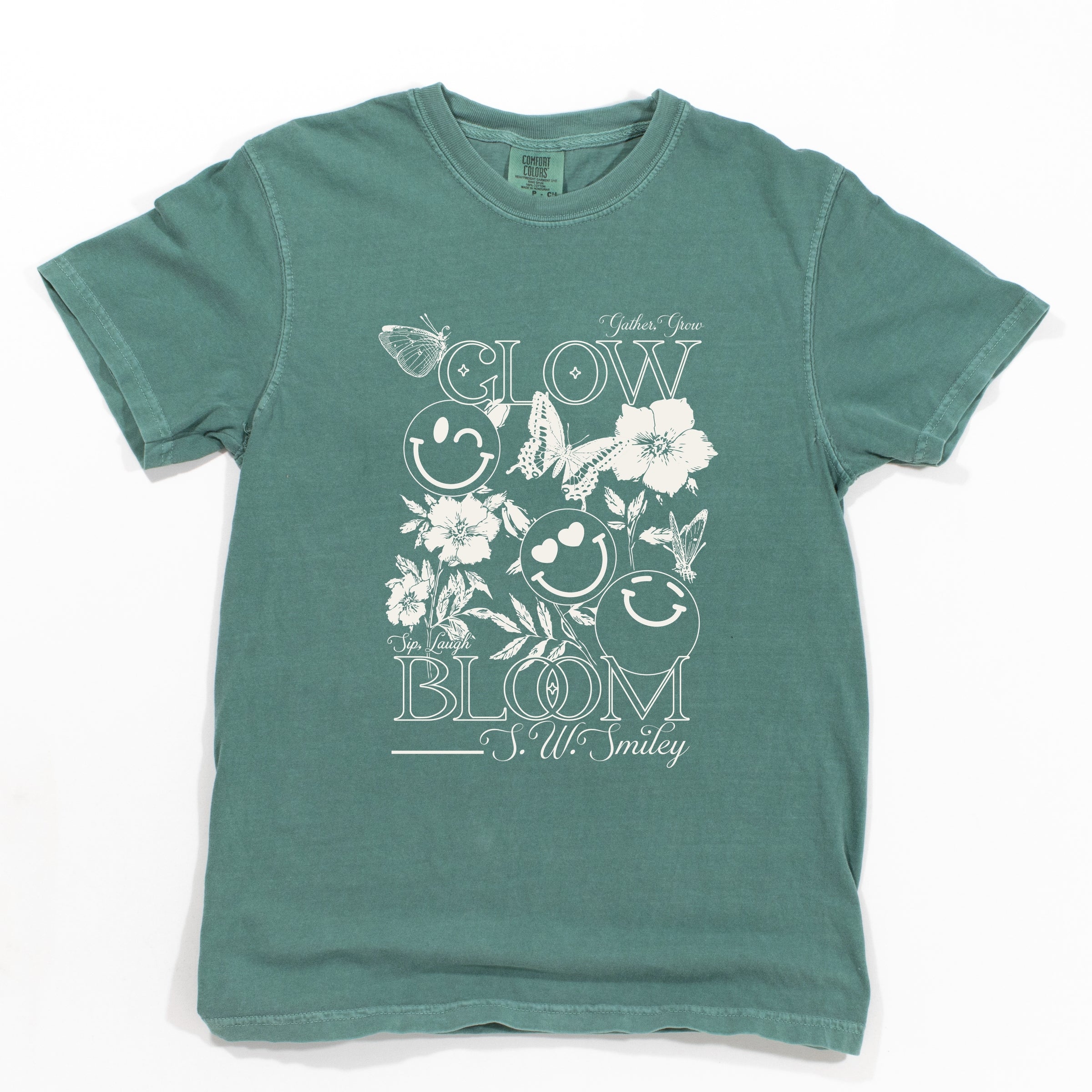 S.W.Smiley Gather, Grow, Glow - Women's Garment Dyed Graphic T-Shirt