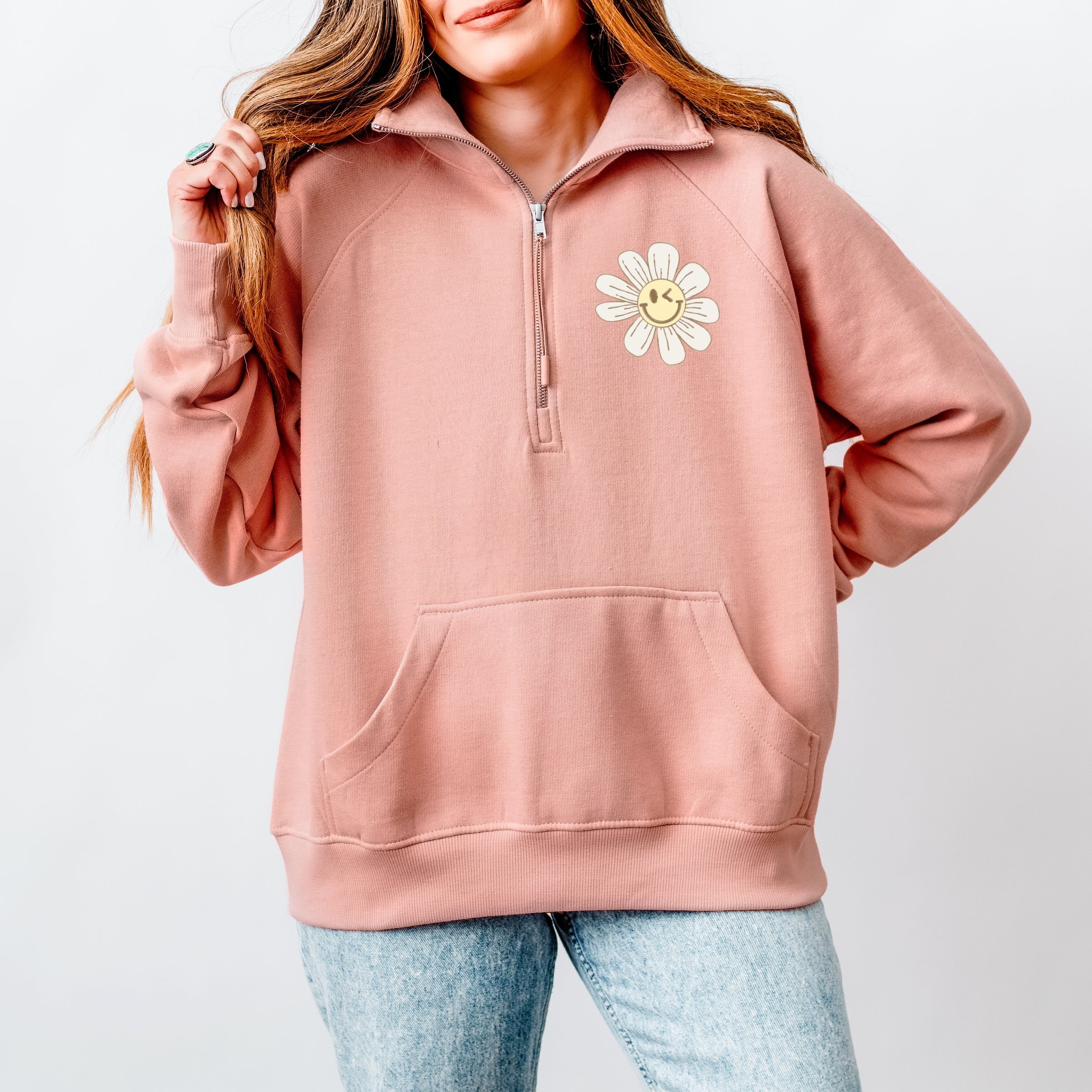 S.W.Smiley Blooming Daisies - Women's Quarter Zip Fleece Graphic Sweatshirt