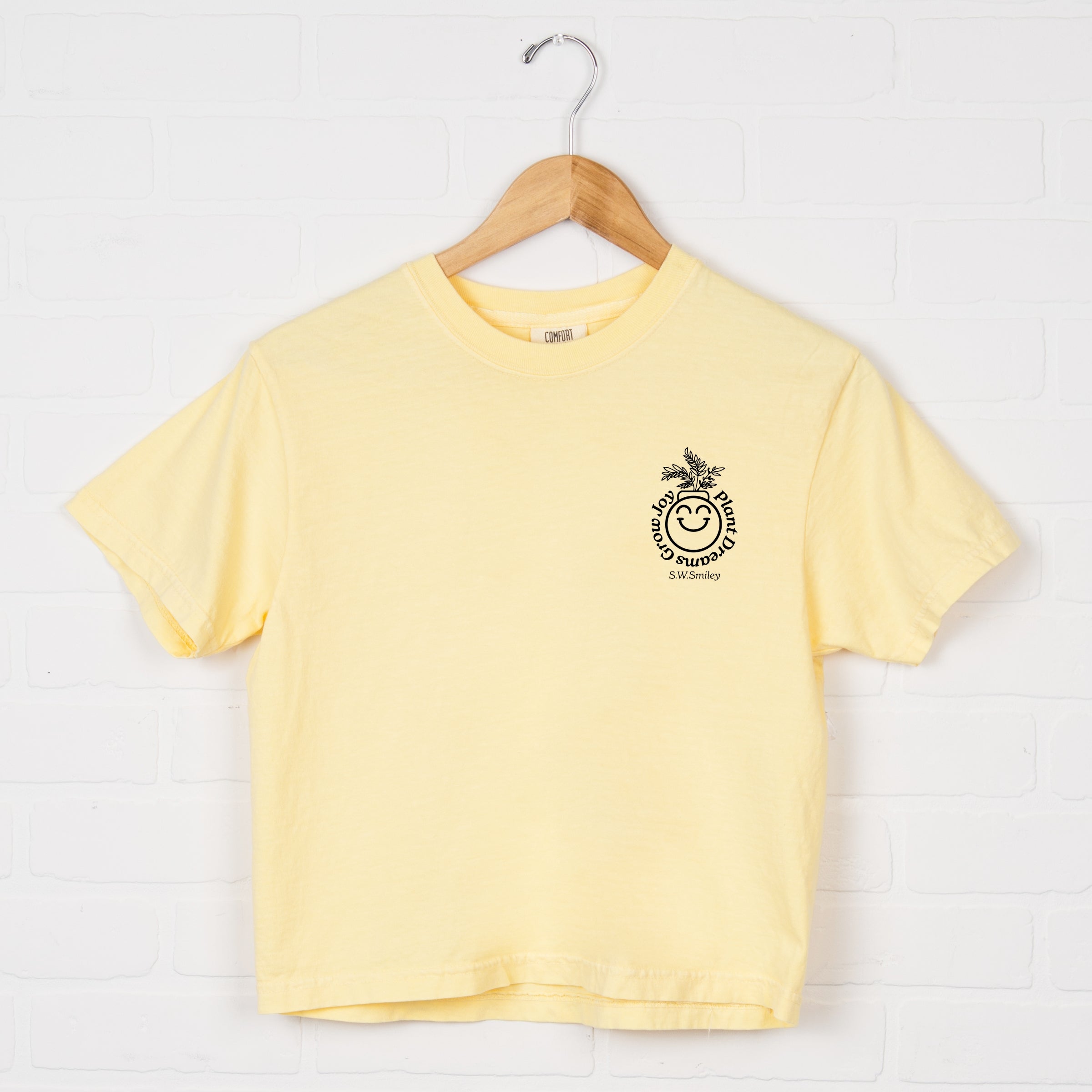 S.W.Smiley Plant Dreams Grow Joy Outline - Women's Boxy Crop Top Graphic T-Shirt