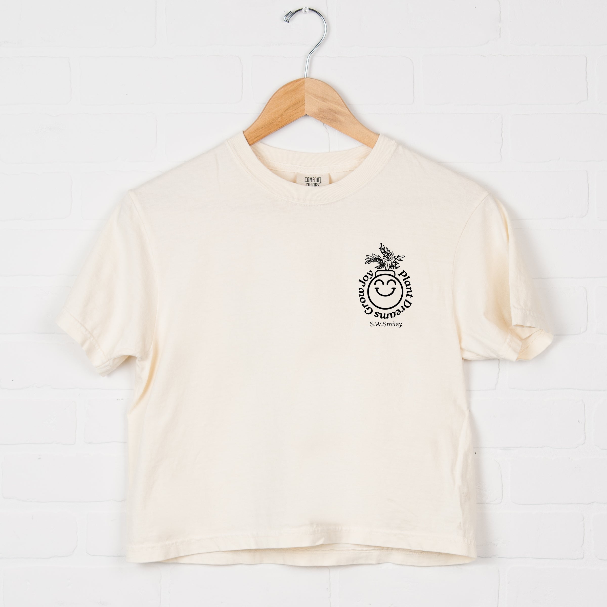 S.W.Smiley Plant Dreams Grow Joy Outline - Women's Boxy Crop Top Graphic T-Shirt