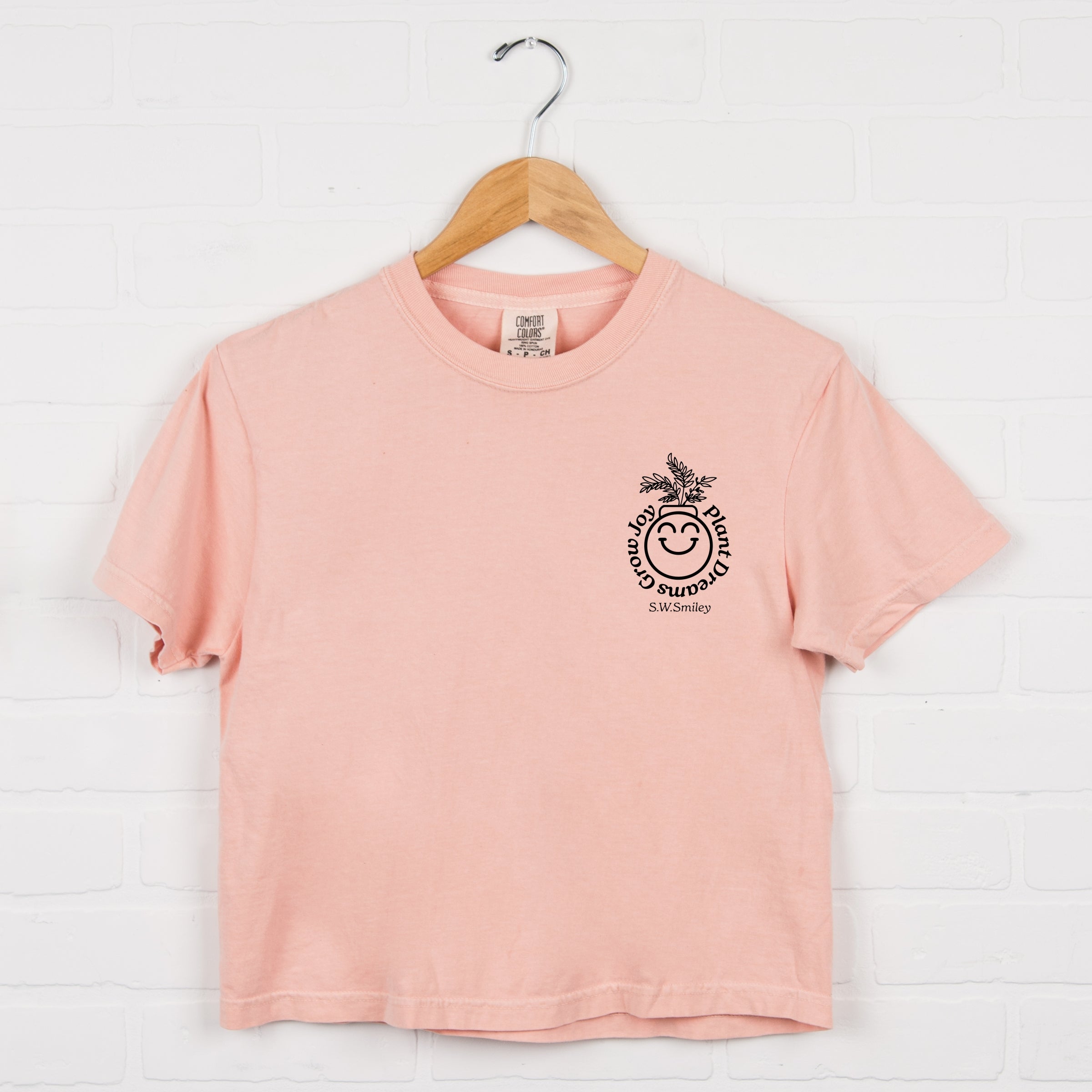 S.W.Smiley Plant Dreams Grow Joy Outline - Women's Boxy Crop Top Graphic T-Shirt