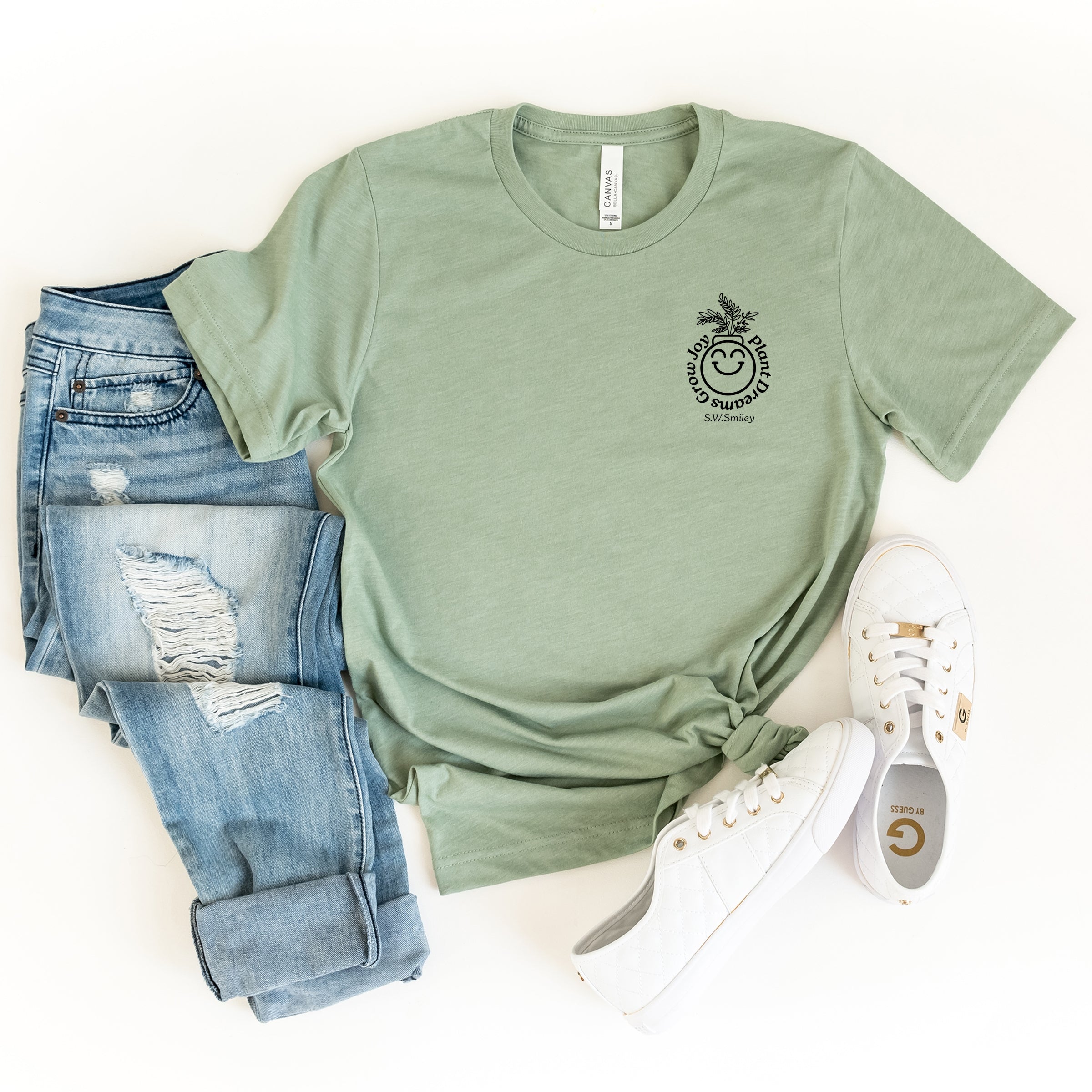 S.W.Smiley Plant Dreams Grow Joy Outline - Women's Short Sleeve Graphic T-Shirt
