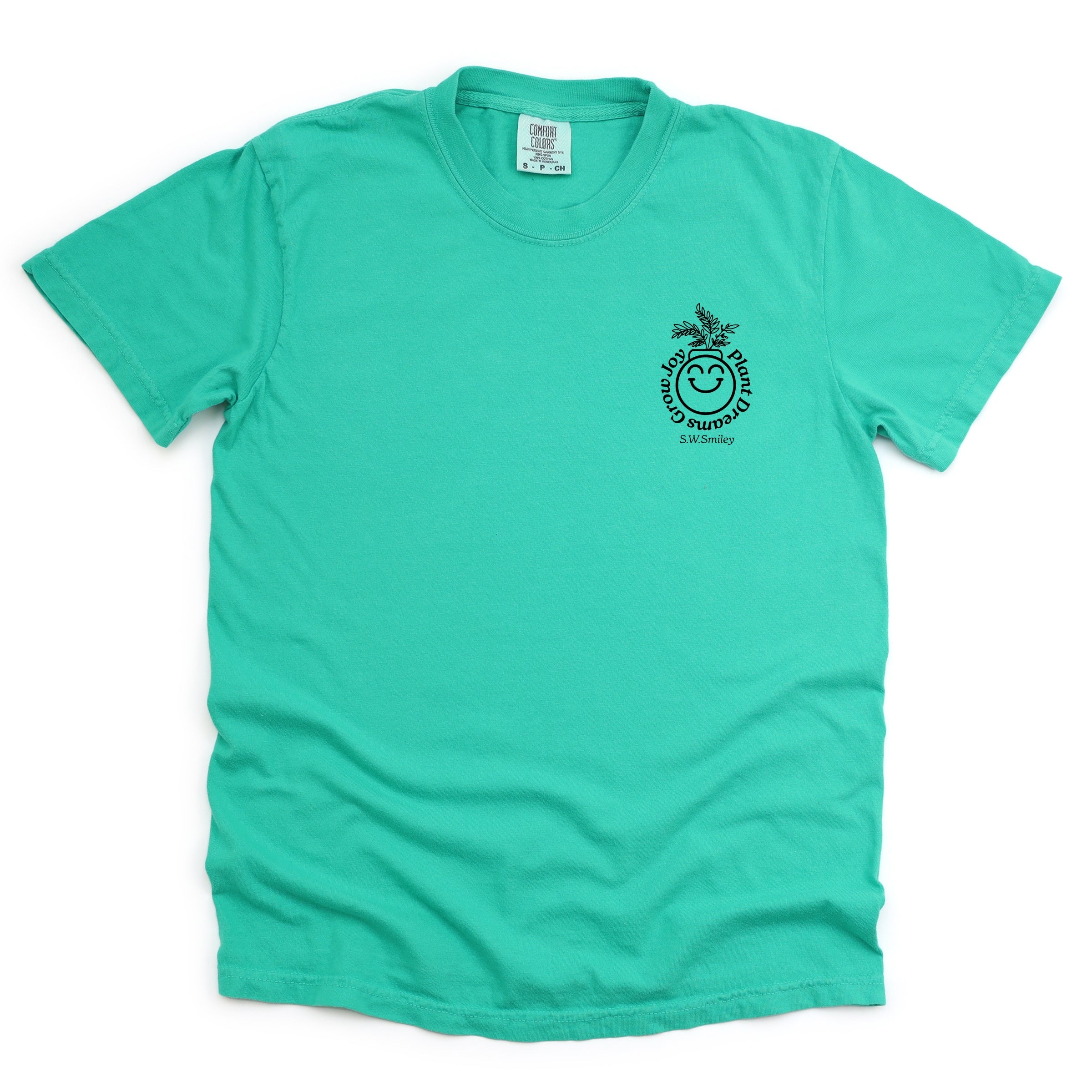 S.W.Smiley Plant Dreams Grow Joy Outline - Women's Garment Dyed Graphic T-Shirt