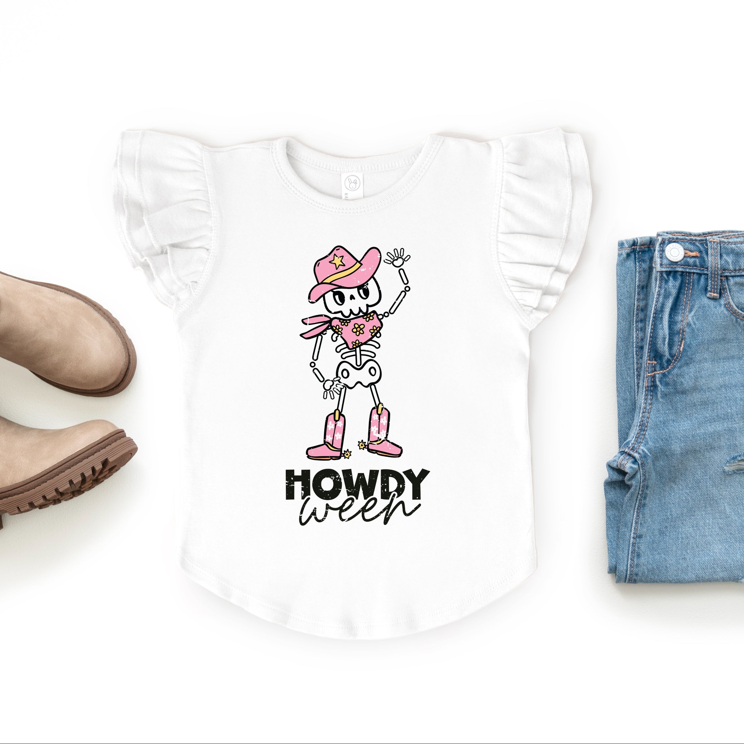 Howdyween Skeleton - Kids Flutter Sleeve Tee