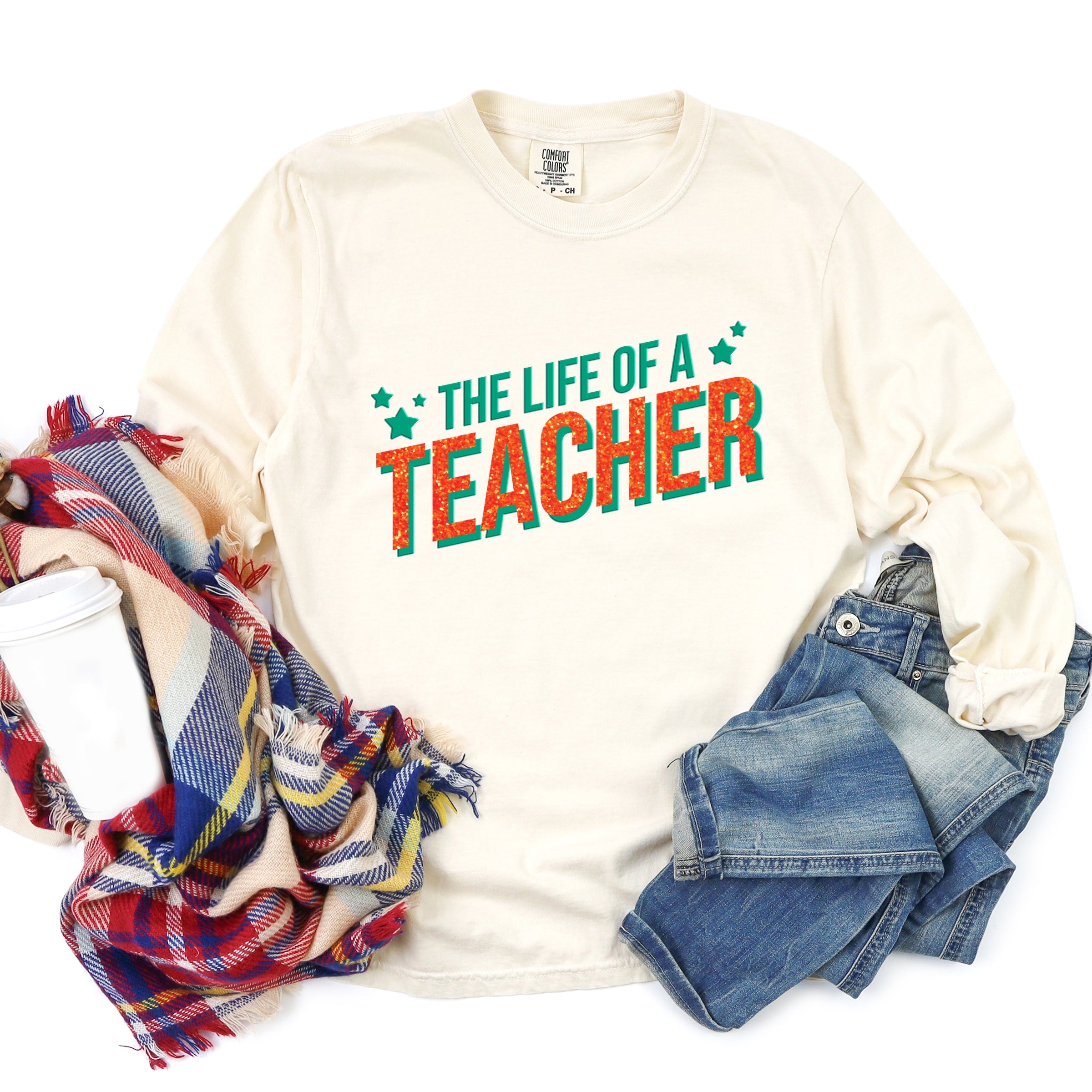 The Life Of A Teacher Puff/Glitter - Womens Garment Dyed Long Sleeve