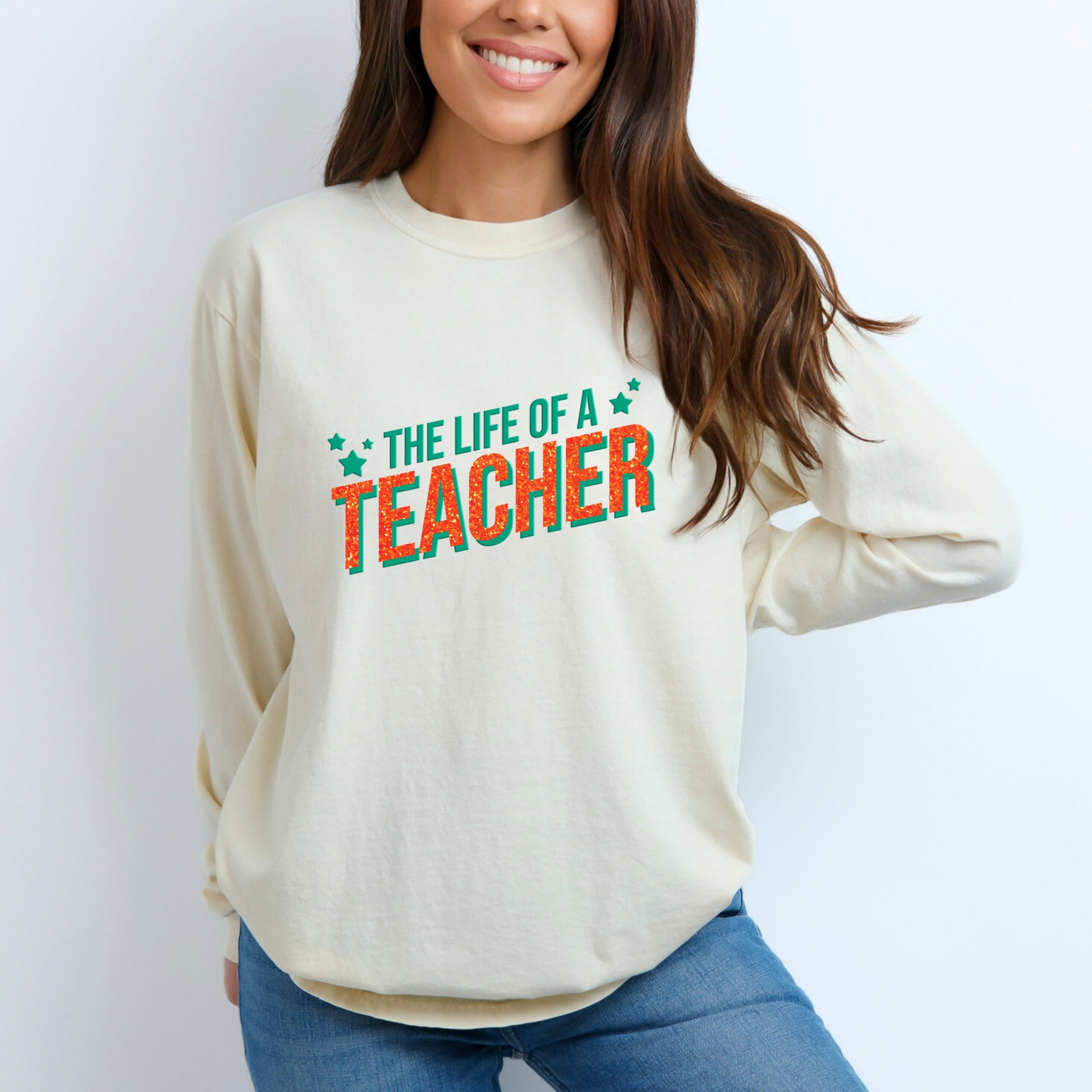 The Life Of A Teacher Puff/Glitter - Womens Garment Dyed Long Sleeve