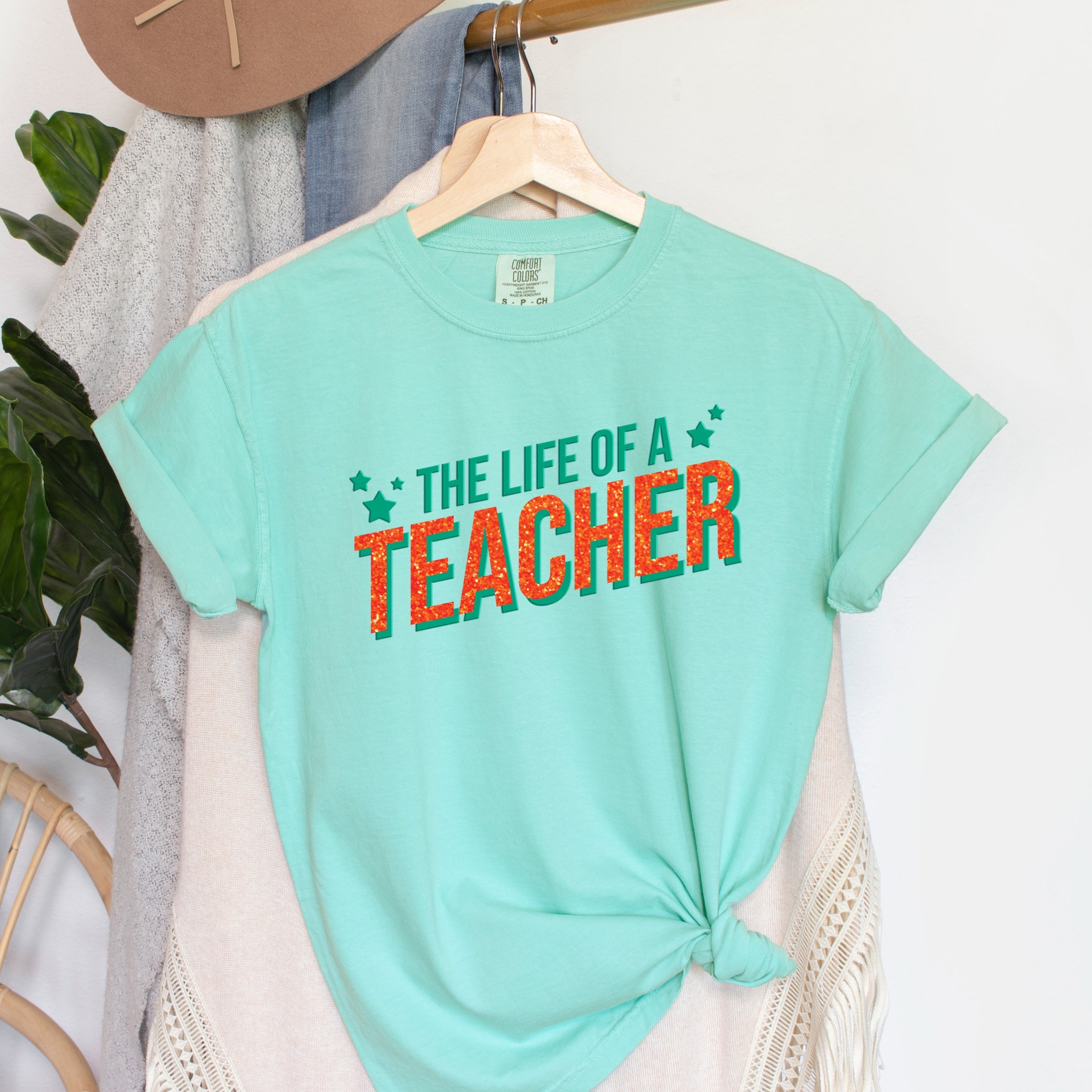 The Life Of A Teacher Puff/Glitter - Womens Garment Dyed Tee