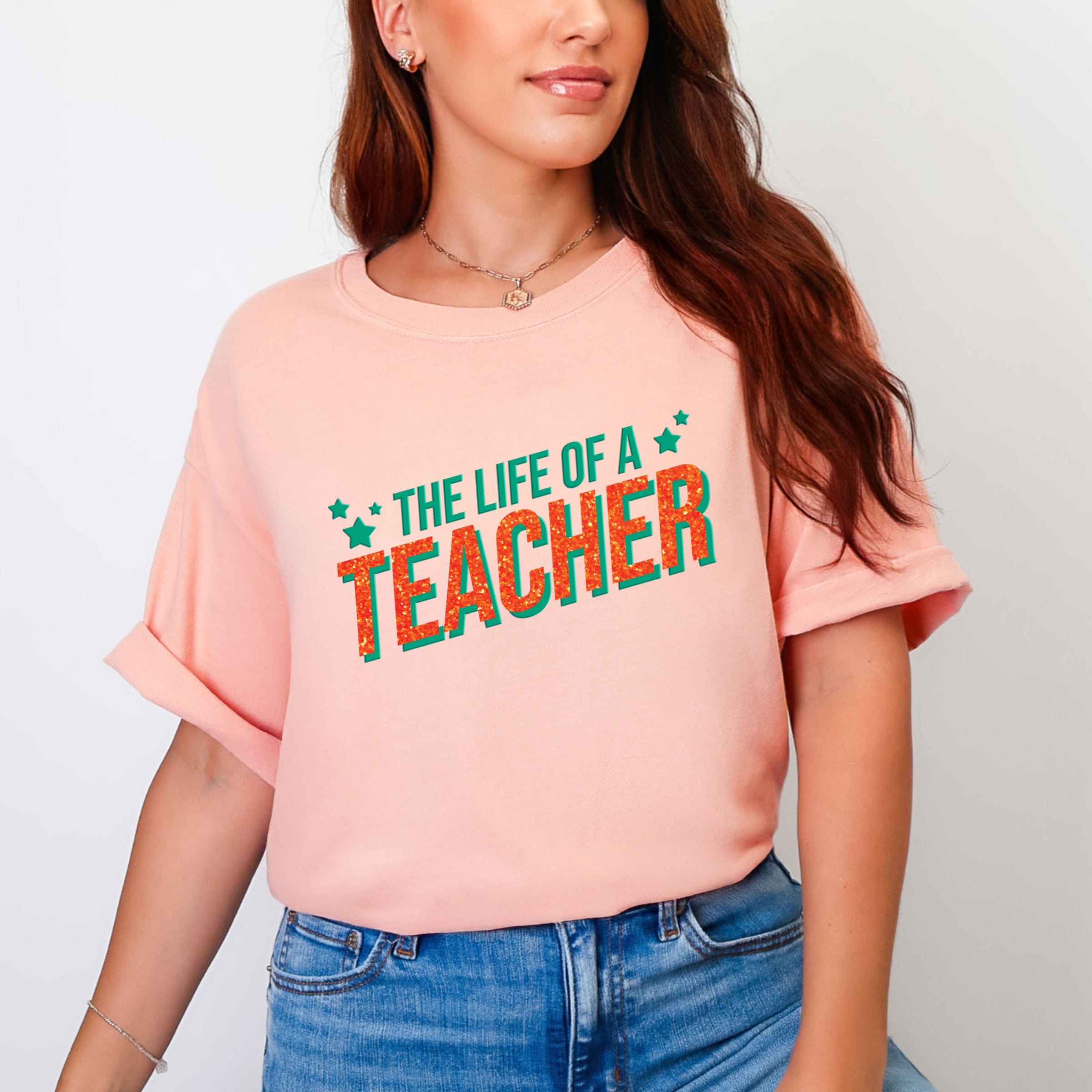The Life Of A Teacher Puff/Glitter - Womens Garment Dyed Tee