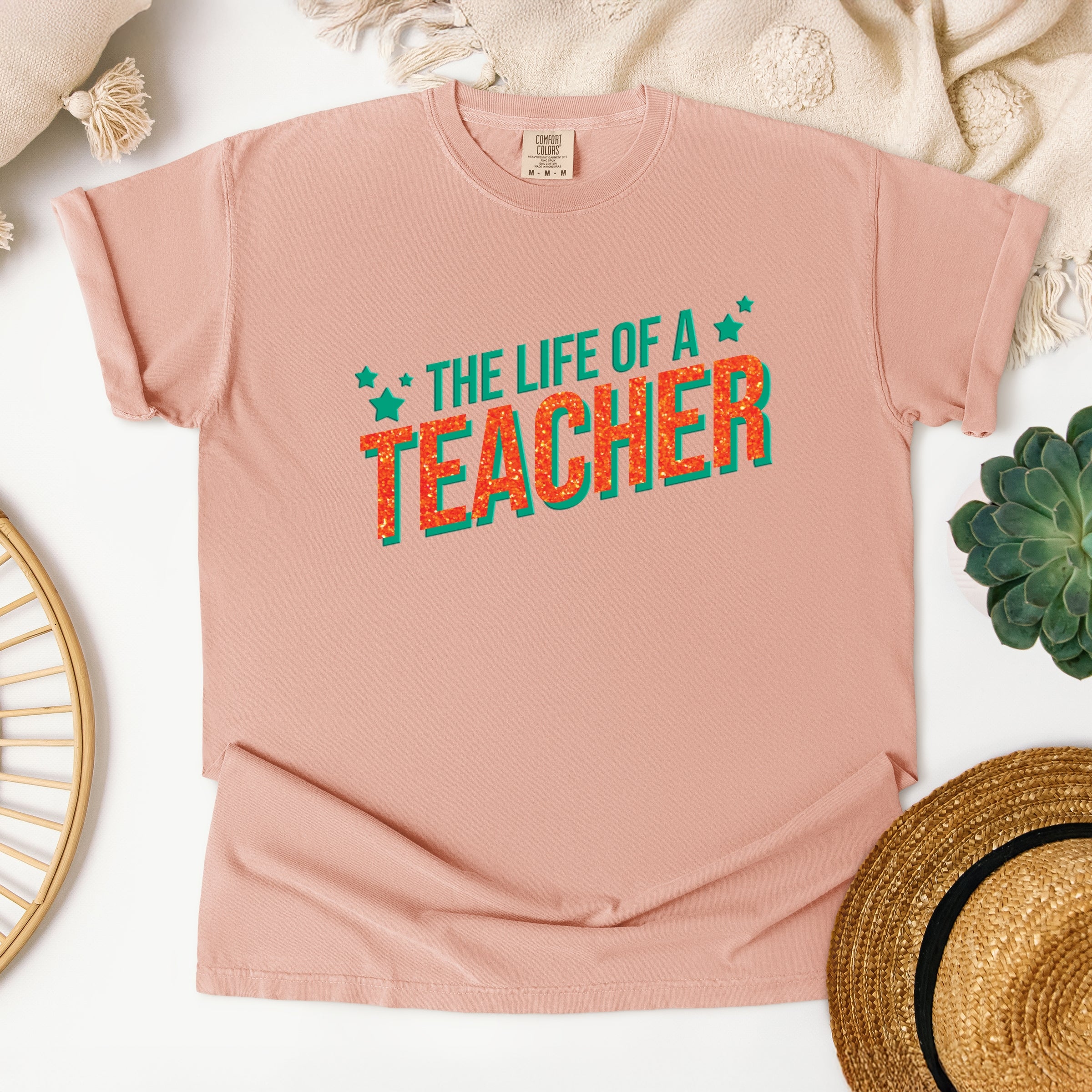 The Life Of A Teacher Puff/Glitter - Womens Garment Dyed Tee