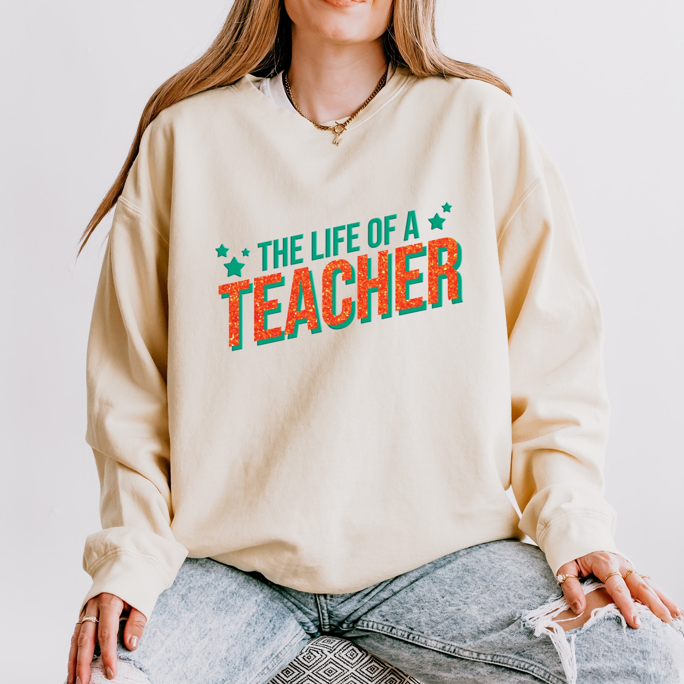 The Life Of A Teacher Puff/Glitter - Womens Lightweight Garment Dyed Sweatshirt