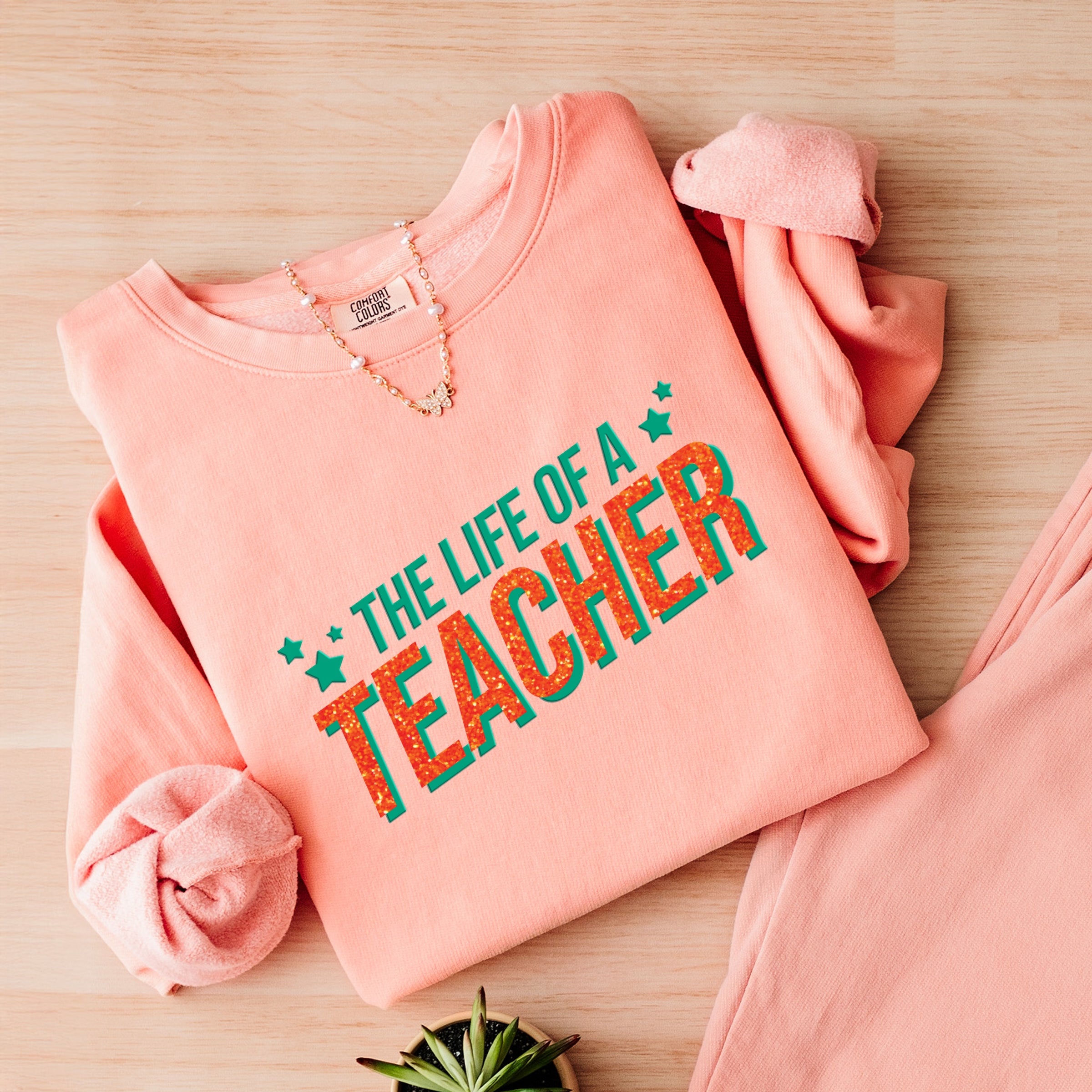 The Life Of A Teacher Puff/Glitter - Womens Lightweight Garment Dyed Sweatshirt