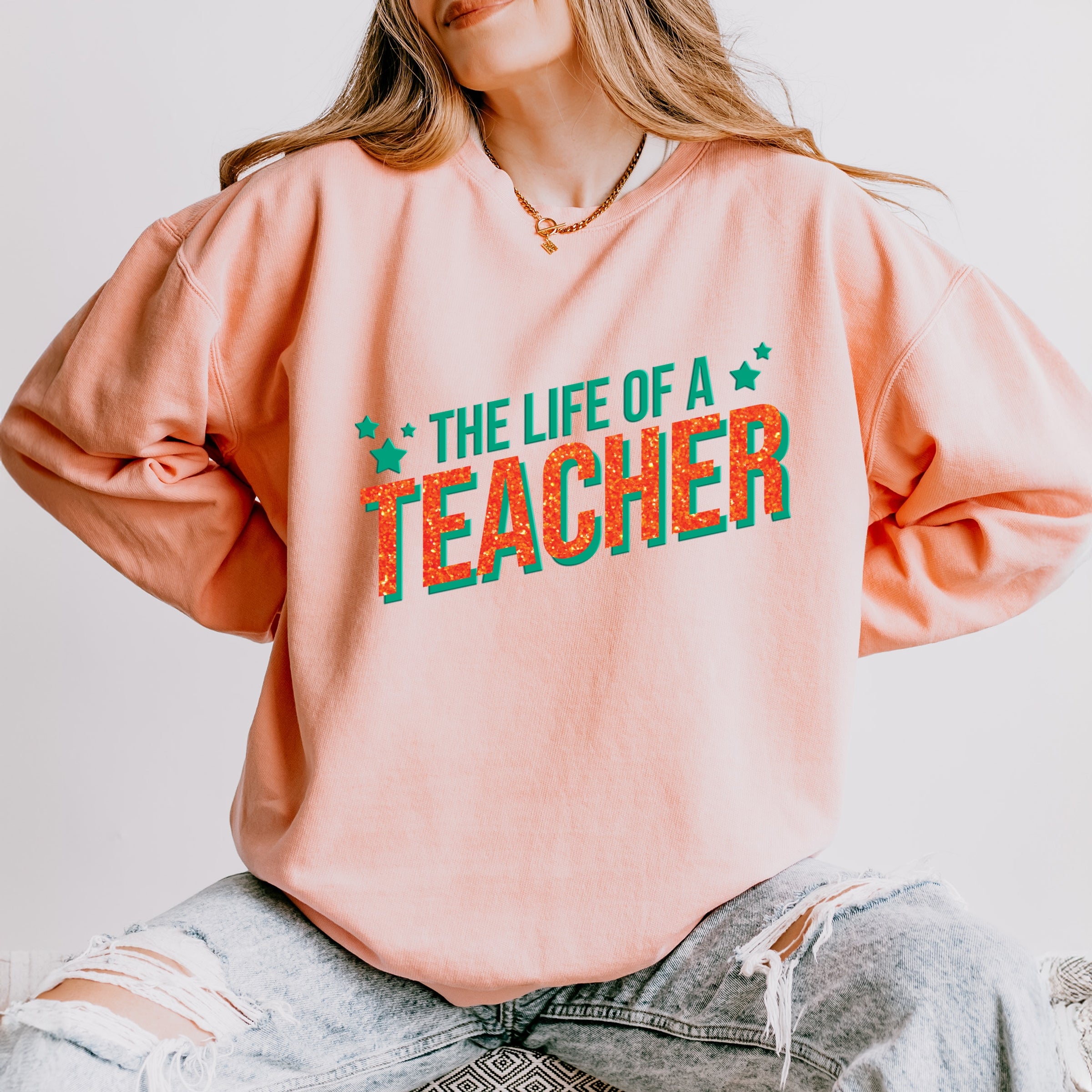 The Life Of A Teacher Puff/Glitter - Womens Lightweight Garment Dyed Sweatshirt