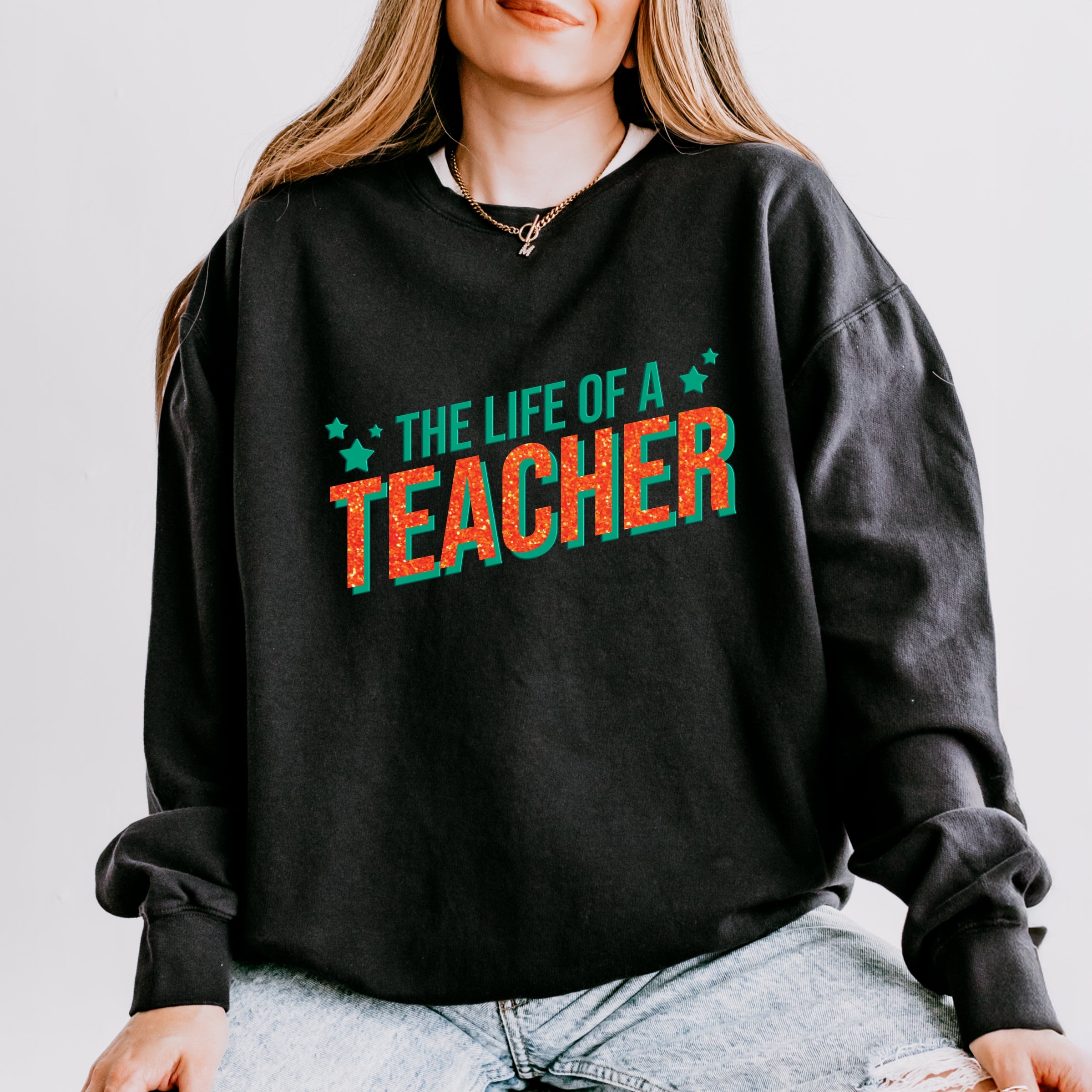 The Life Of A Teacher Puff/Glitter - Womens Lightweight Garment Dyed Sweatshirt