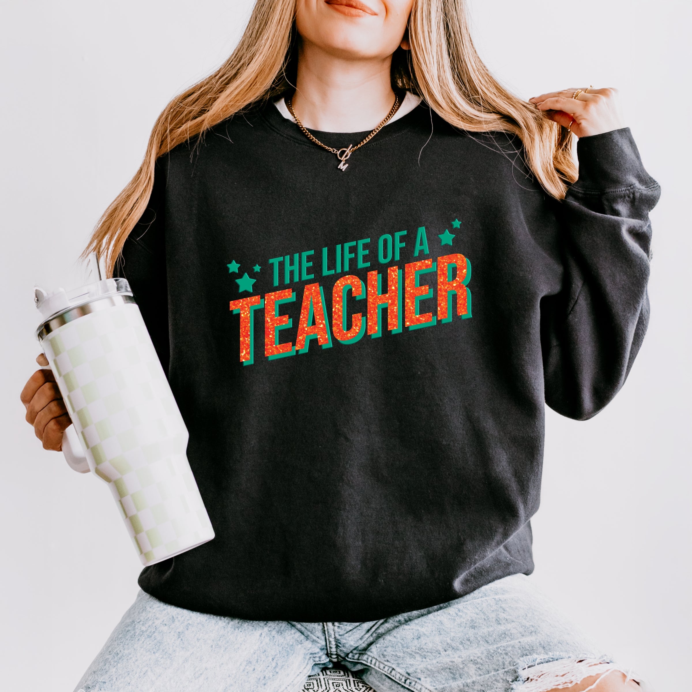 The Life Of A Teacher Puff/Glitter - Womens Lightweight Garment Dyed Sweatshirt