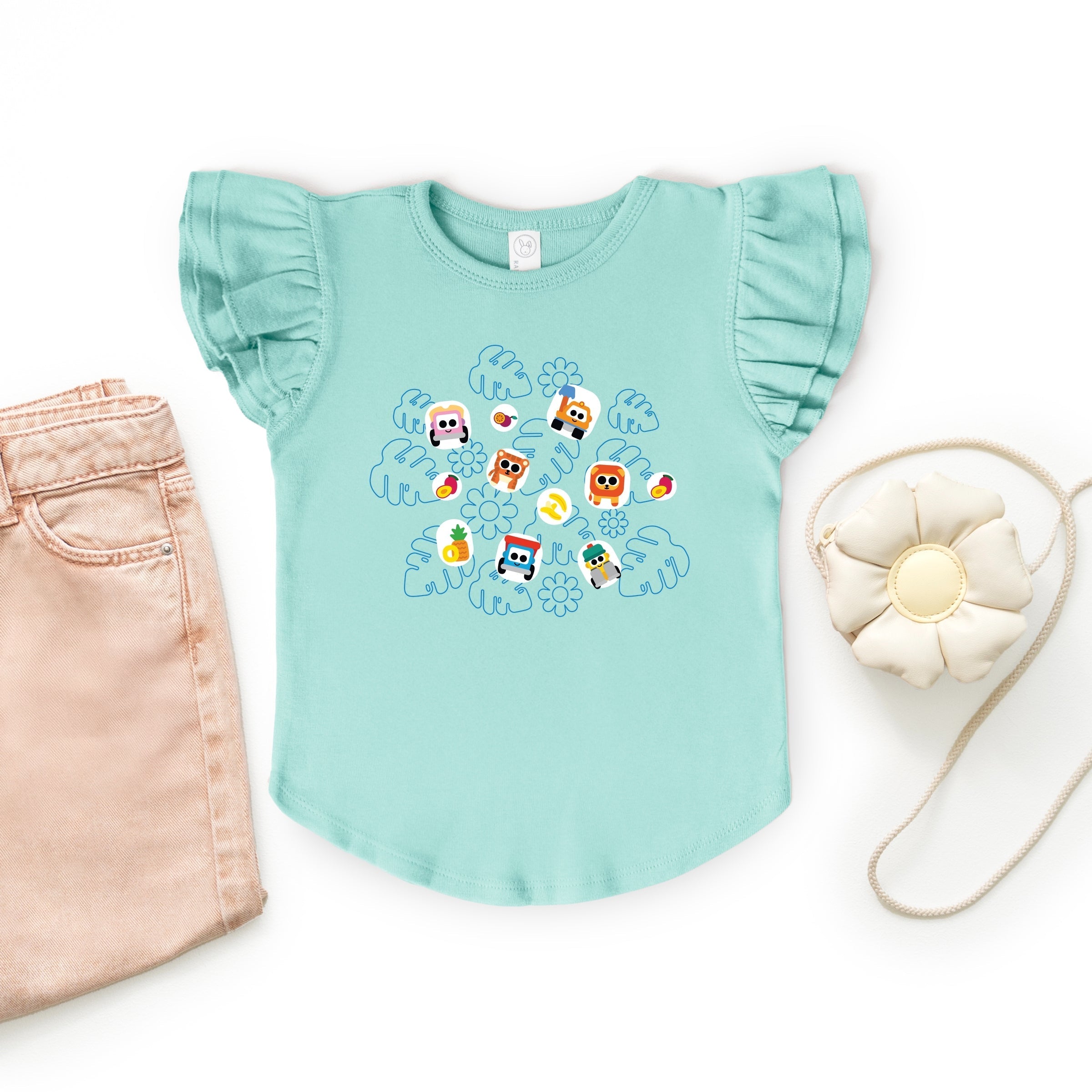 Leo the Truck Palm Leaves and Floral Outline - Flutter Sleeve Graphic T-Shirt