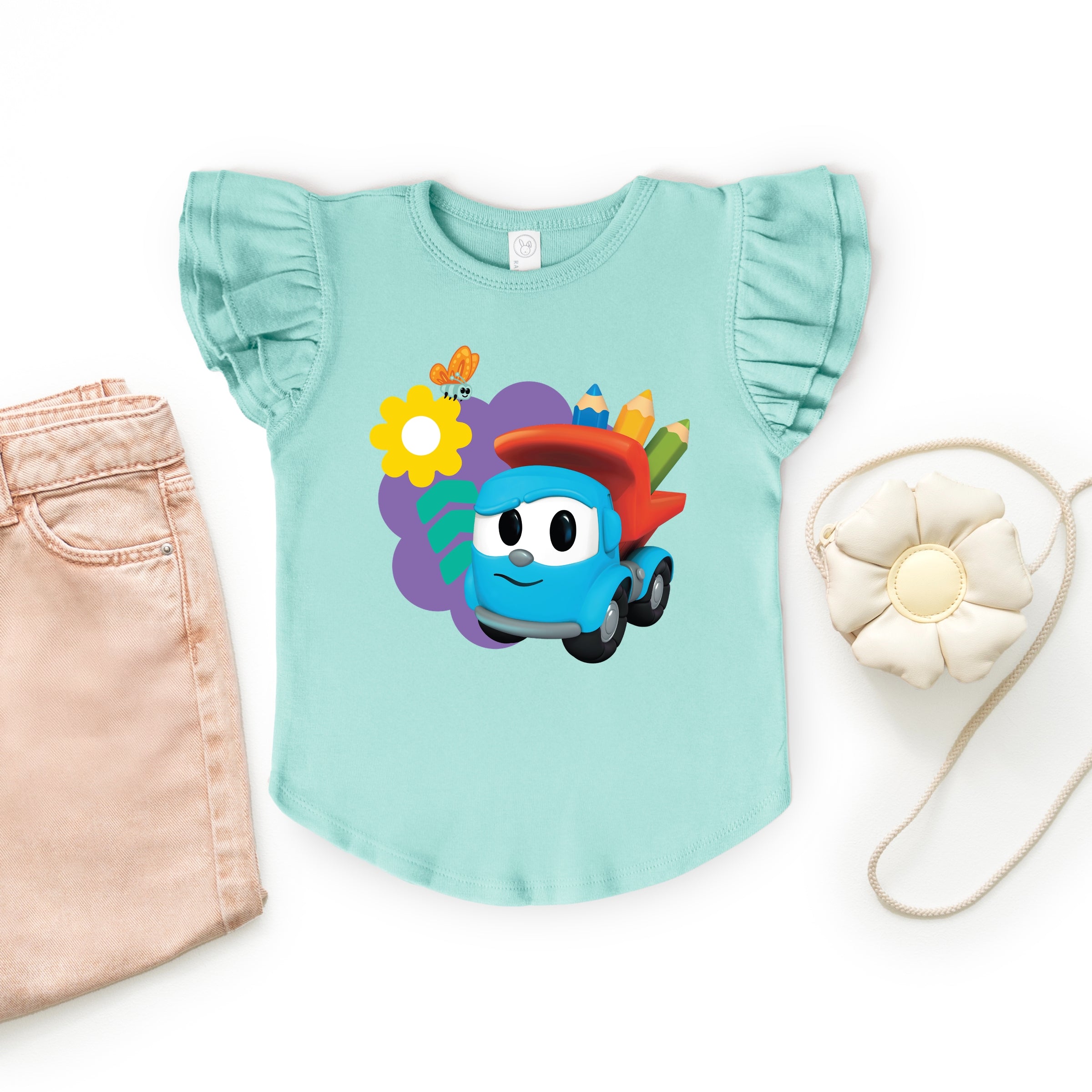 Leo the Truck School Pencils - Flutter Sleeve Graphic T-Shirt