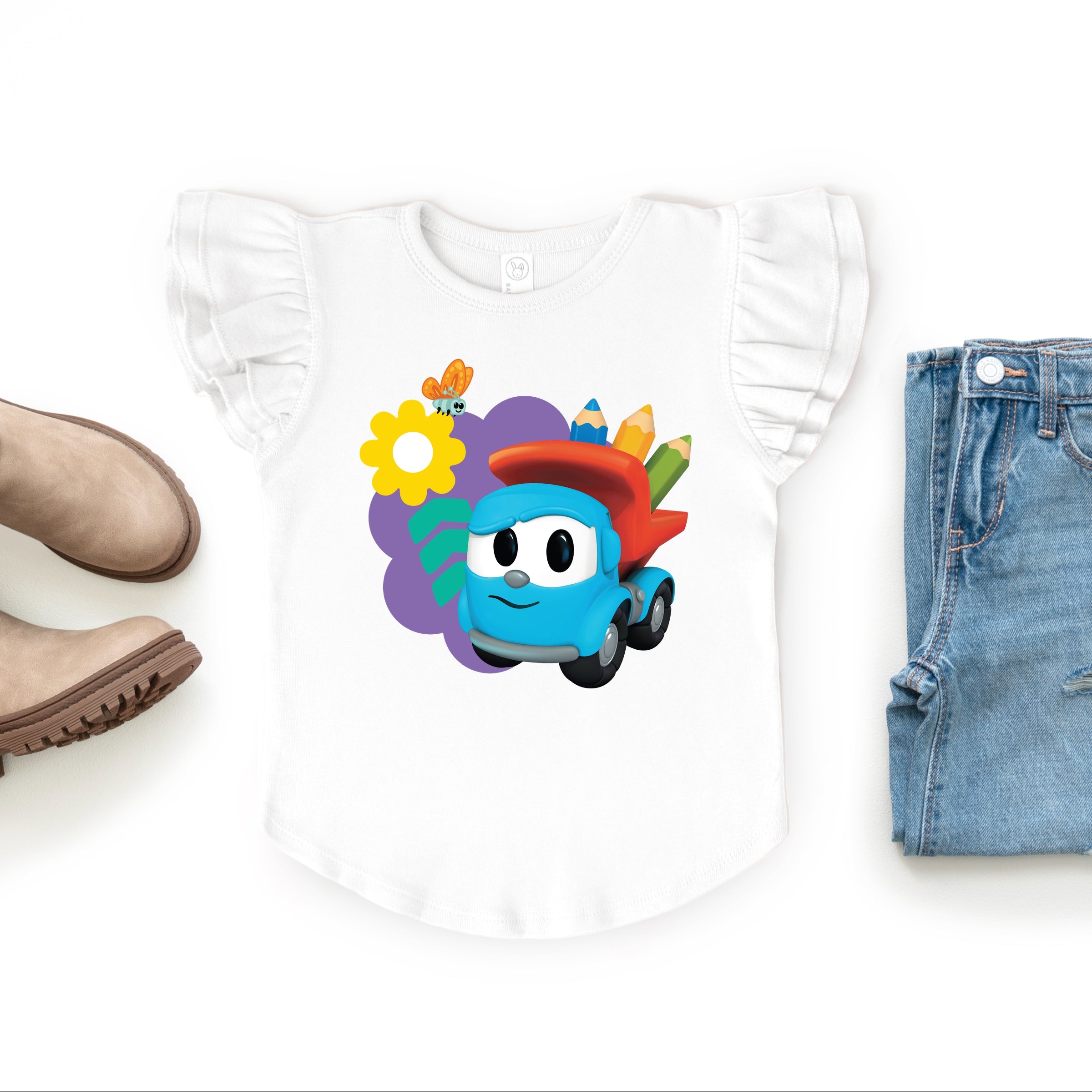 Leo the Truck School Pencils - Flutter Sleeve Graphic T-Shirt