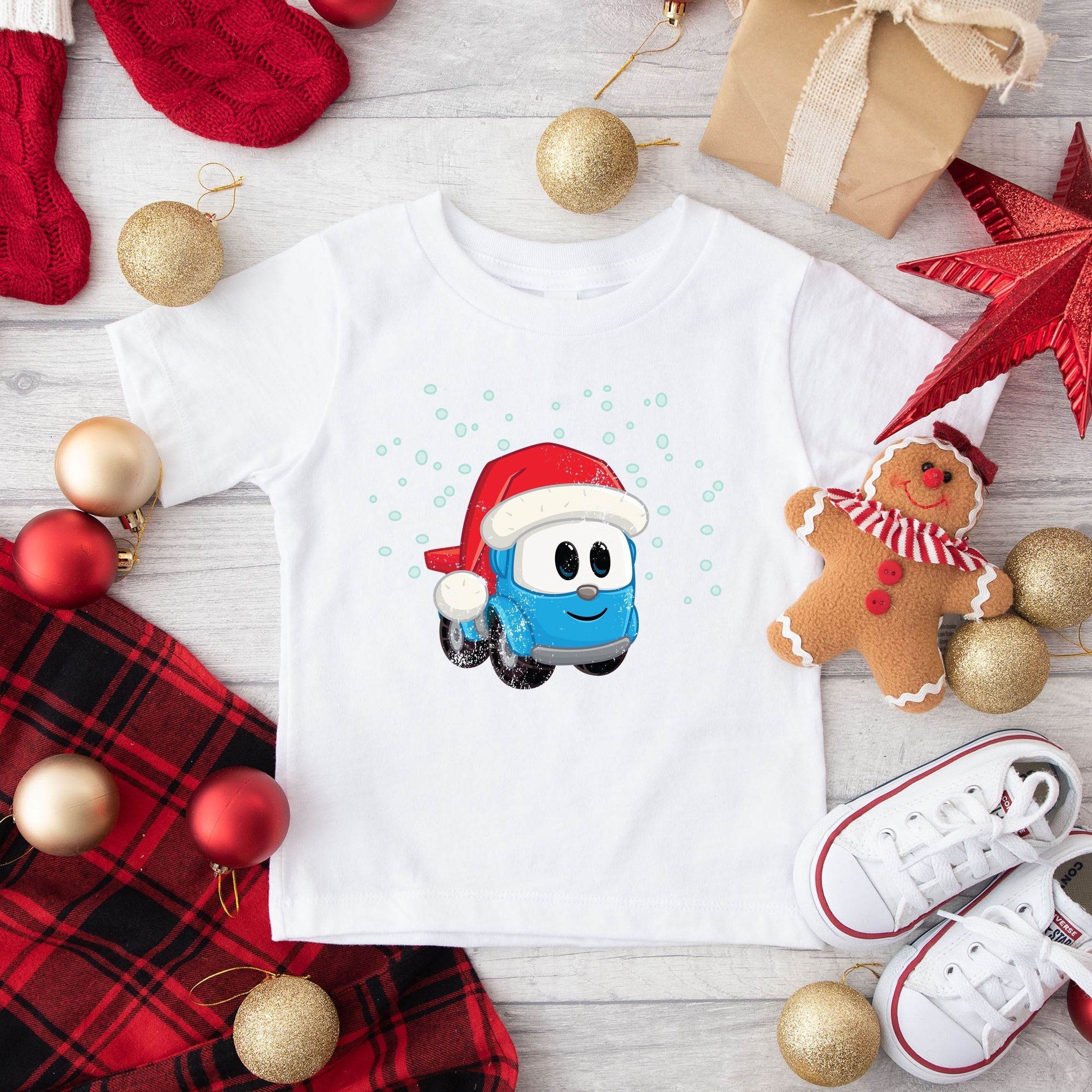 Leo the Truck Santa Hat Snow - Toddler Short Sleeve Graphic T-Shirt