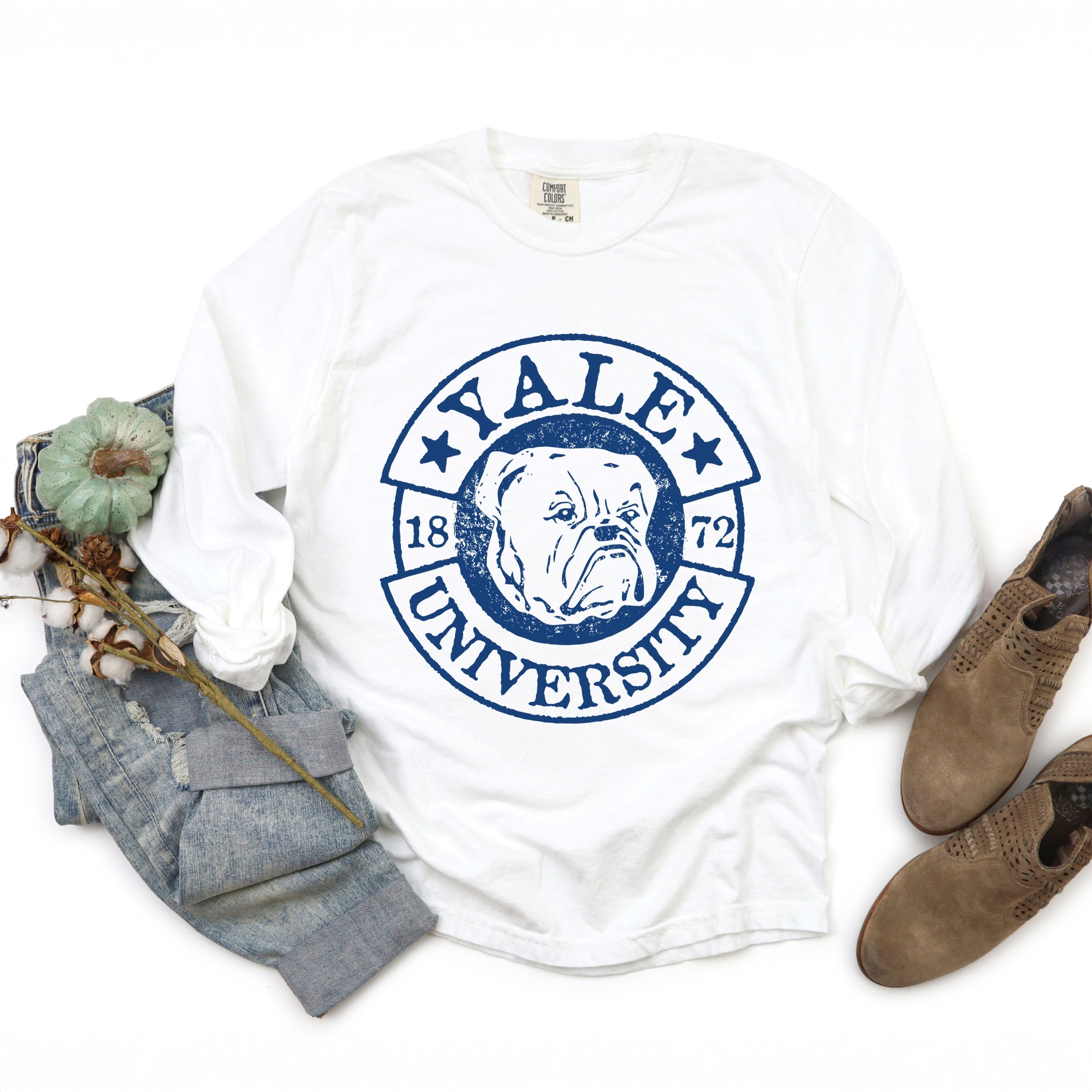 Yale University Bulldog Circle - Women's Garment Dyed Long Sleeve Graphic T-Shirt