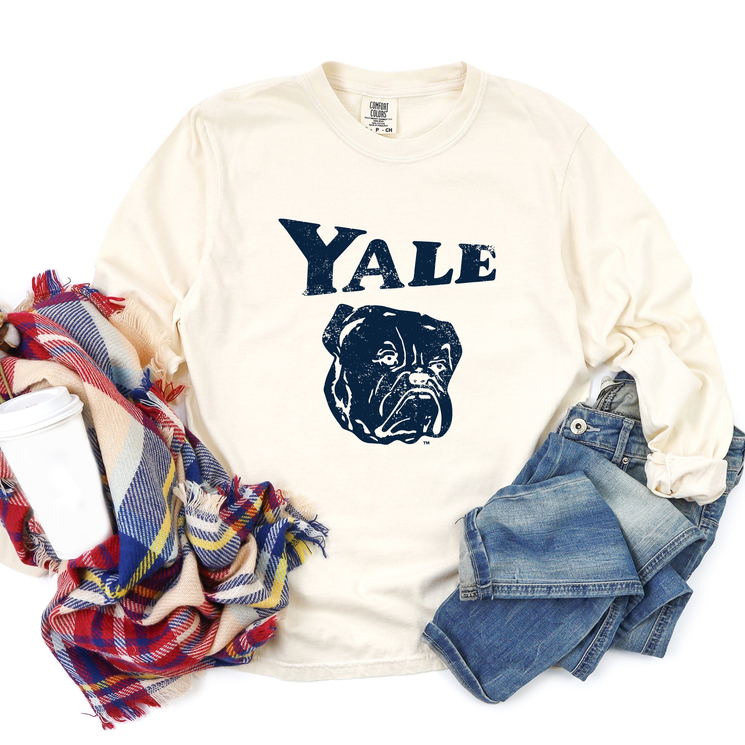 Yale Bulldog Distressed - Women's Garment Dyed Long Sleeve Graphic T-Shirt