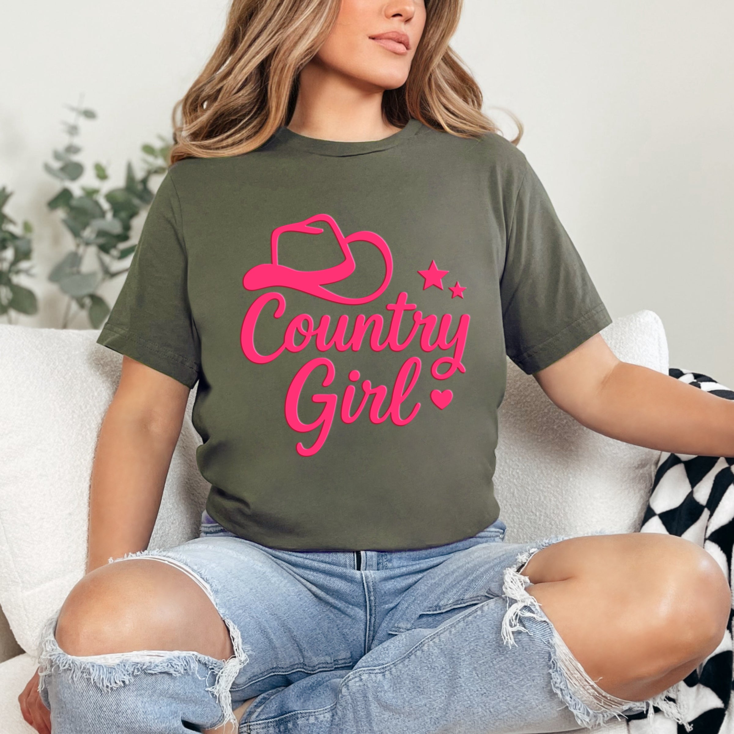 Country Girl Hat Puff Print - Womens Short Sleeve Graphic T-Shirt