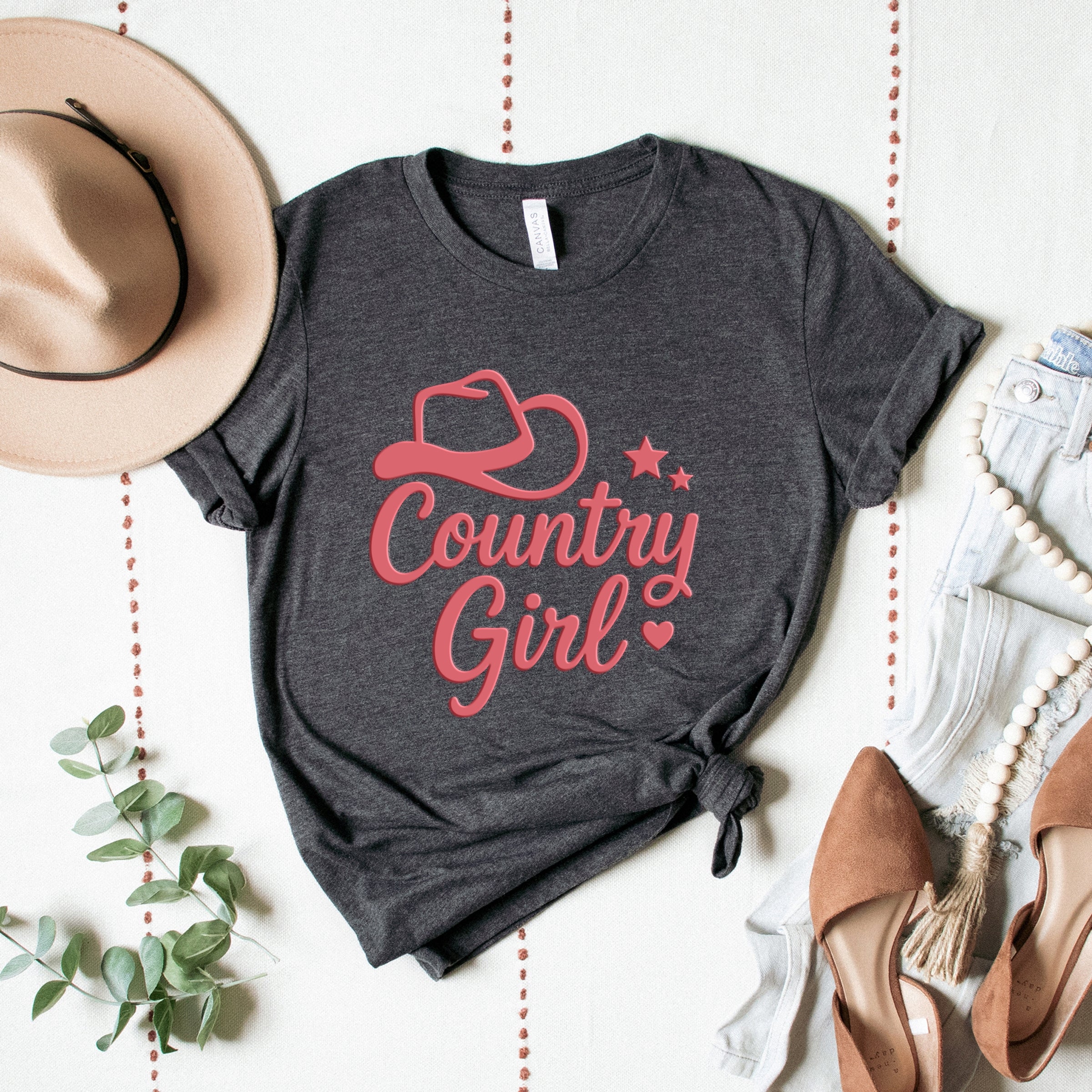 Country Girl Hat Puff Print - Womens Short Sleeve Graphic T-Shirt