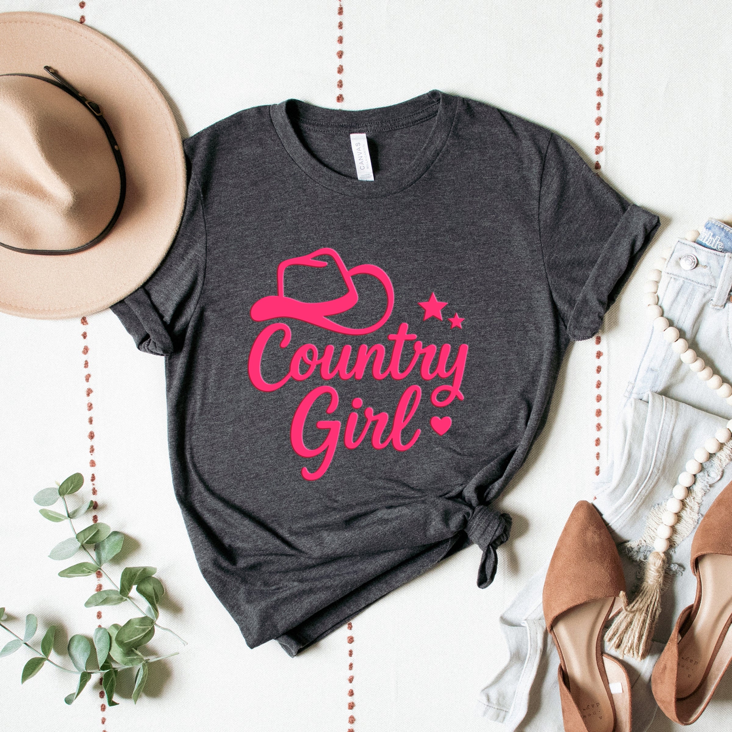 Country Girl Hat Puff Print - Womens Short Sleeve Graphic T-Shirt