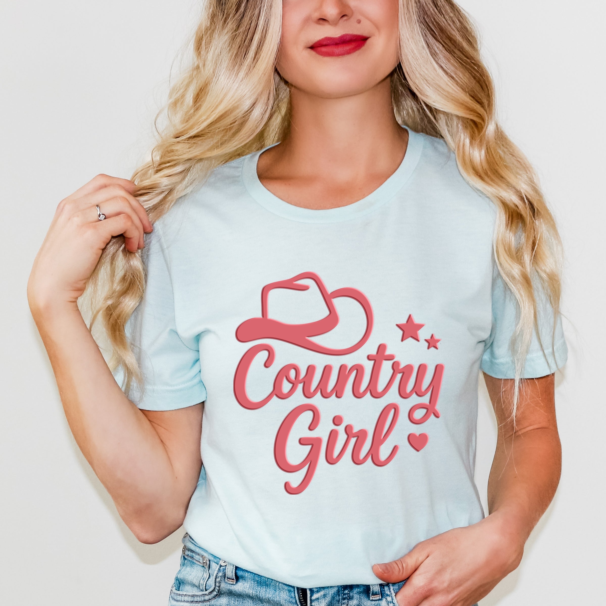 Country Girl Hat Puff Print - Womens Short Sleeve Graphic T-Shirt