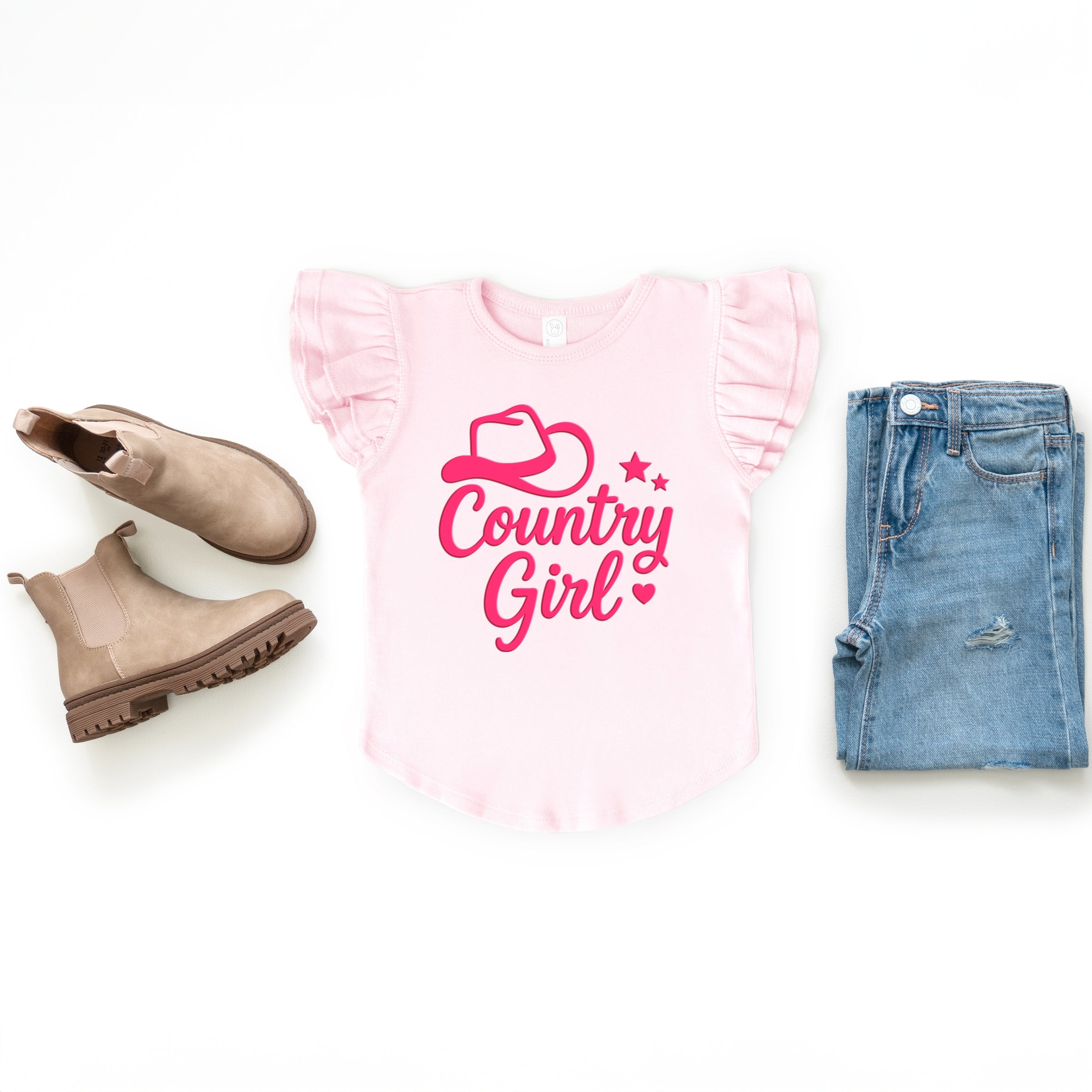 Country Girl Hat Puff Print - Flutter Sleeve Graphic T-Shirt