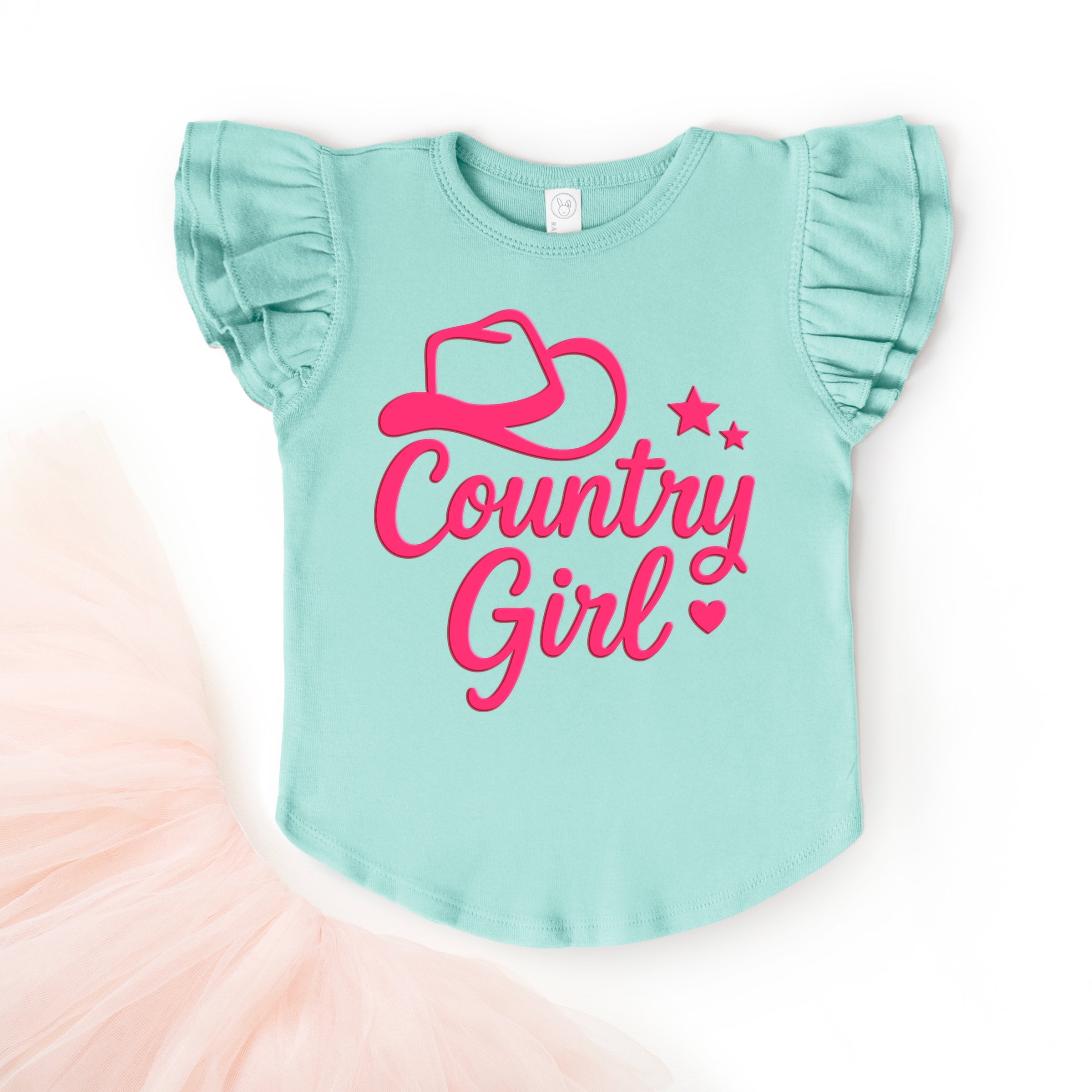 Country Girl Hat Puff Print - Flutter Sleeve Graphic T-Shirt
